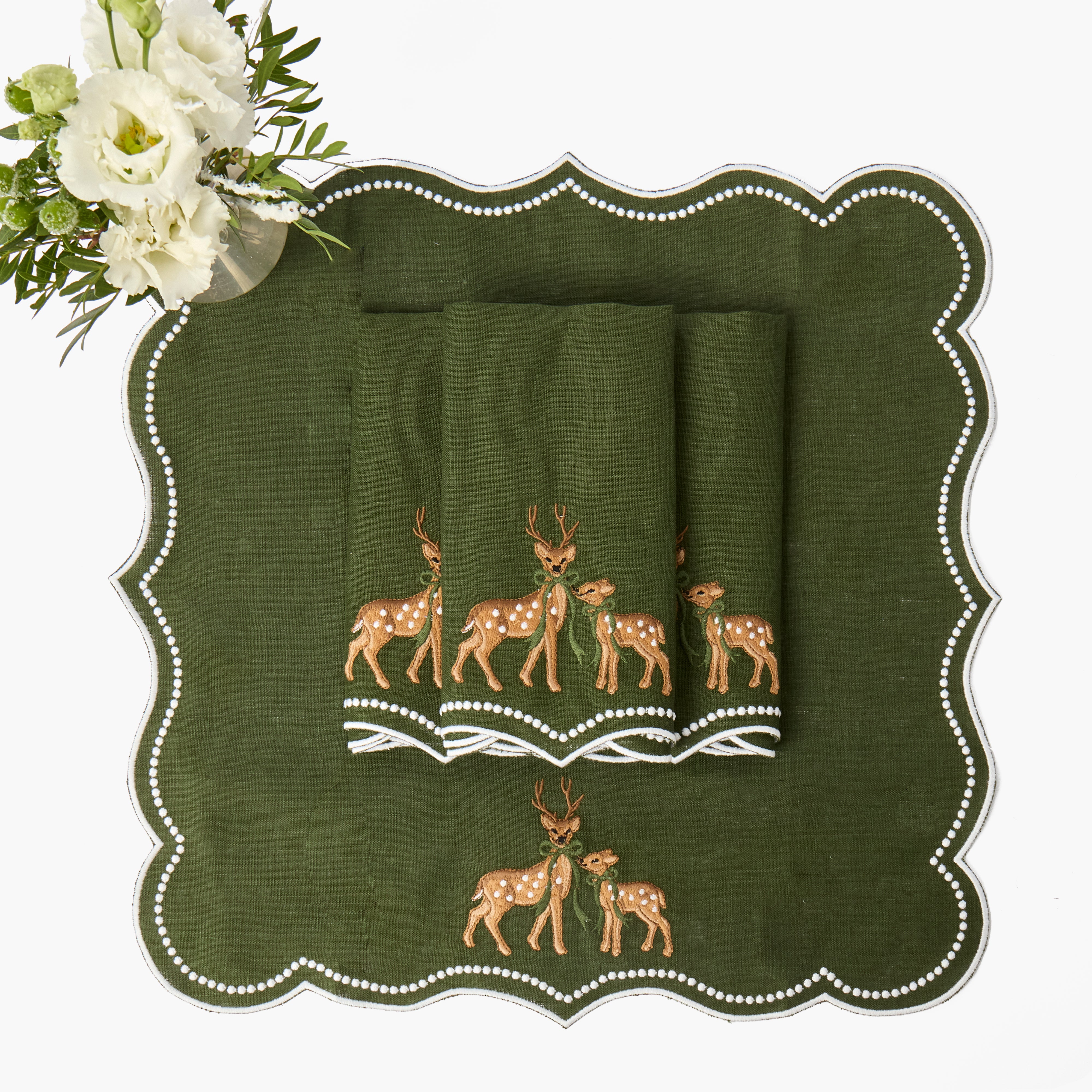 Forest Green Eloise Placemats & Deer Napkins (Set of 8)