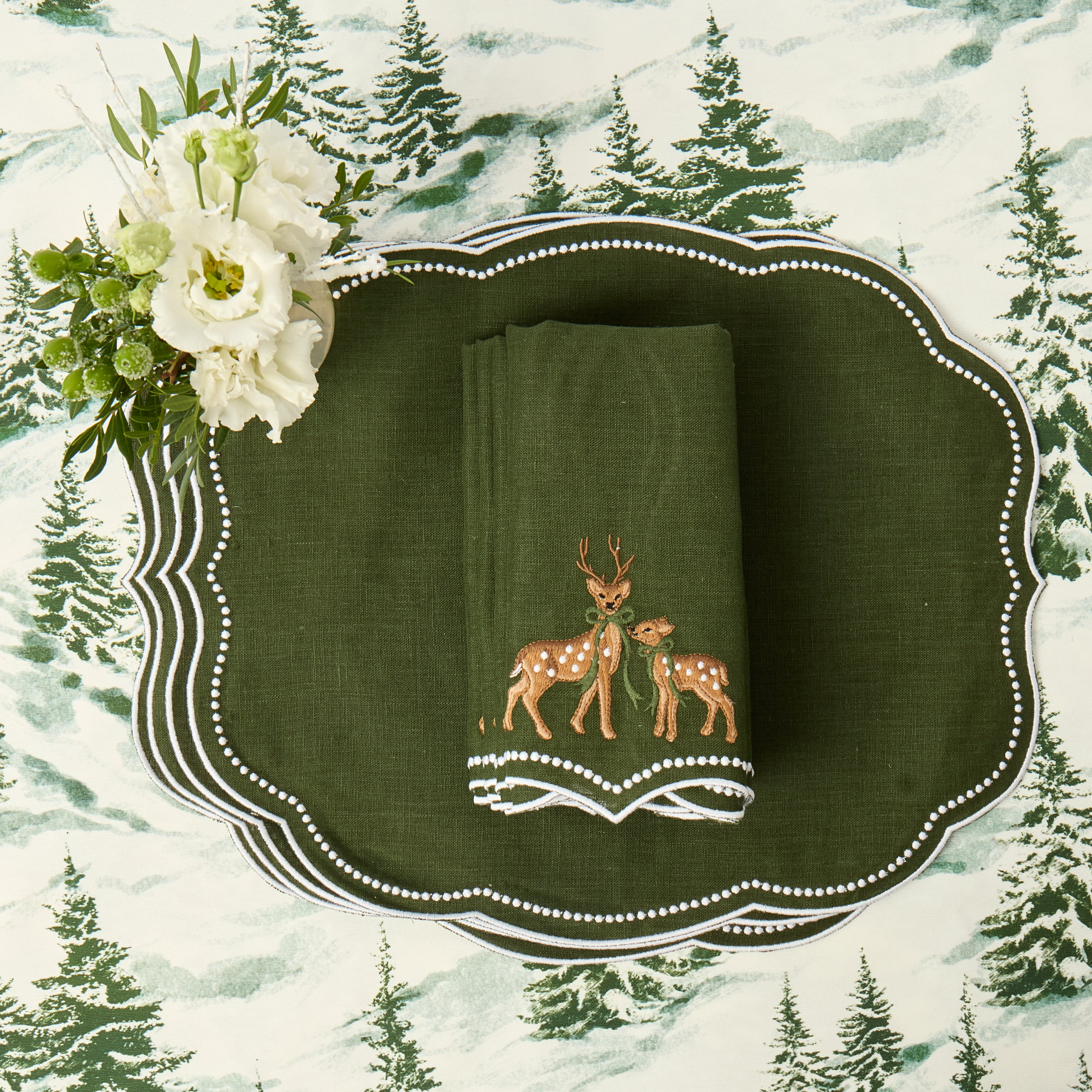 Forest Green Eloise Placemats & Deer Napkins (Set of 8)