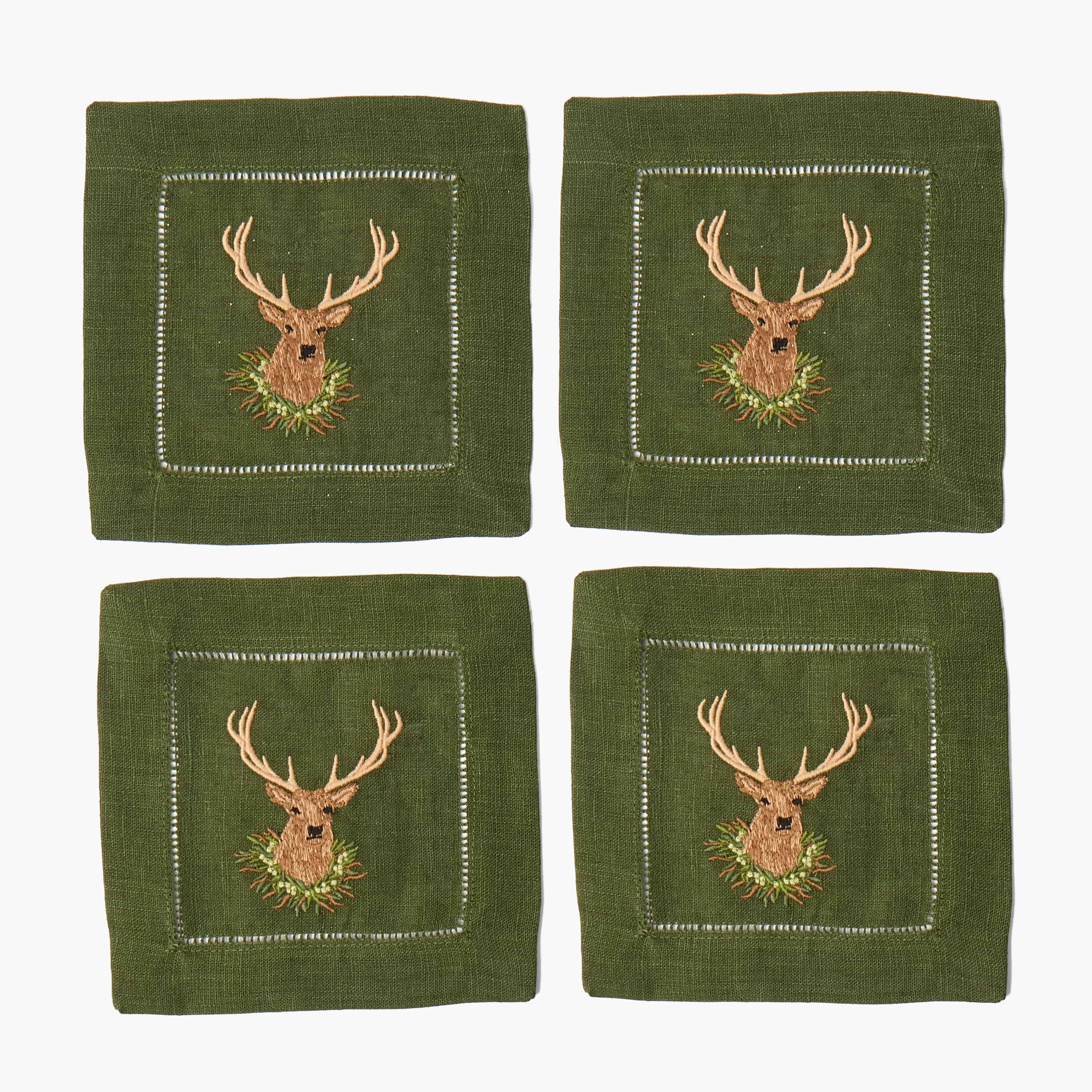 Forest Green Stag Embroidered Linen Cocktail Napkins (Set of 4)