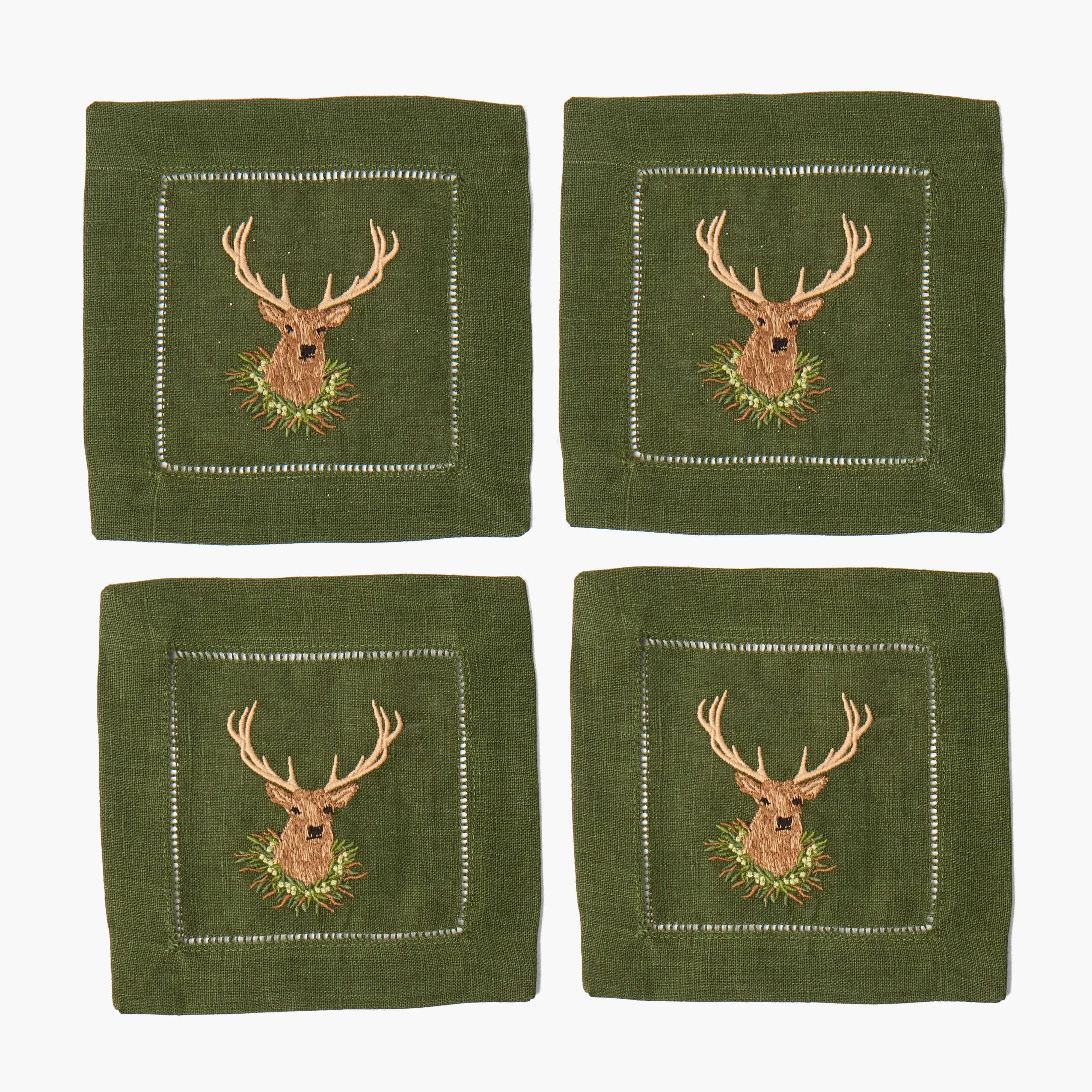 Forest Green Stag Embroidered Linen Cocktail Napkins (Set of 4)