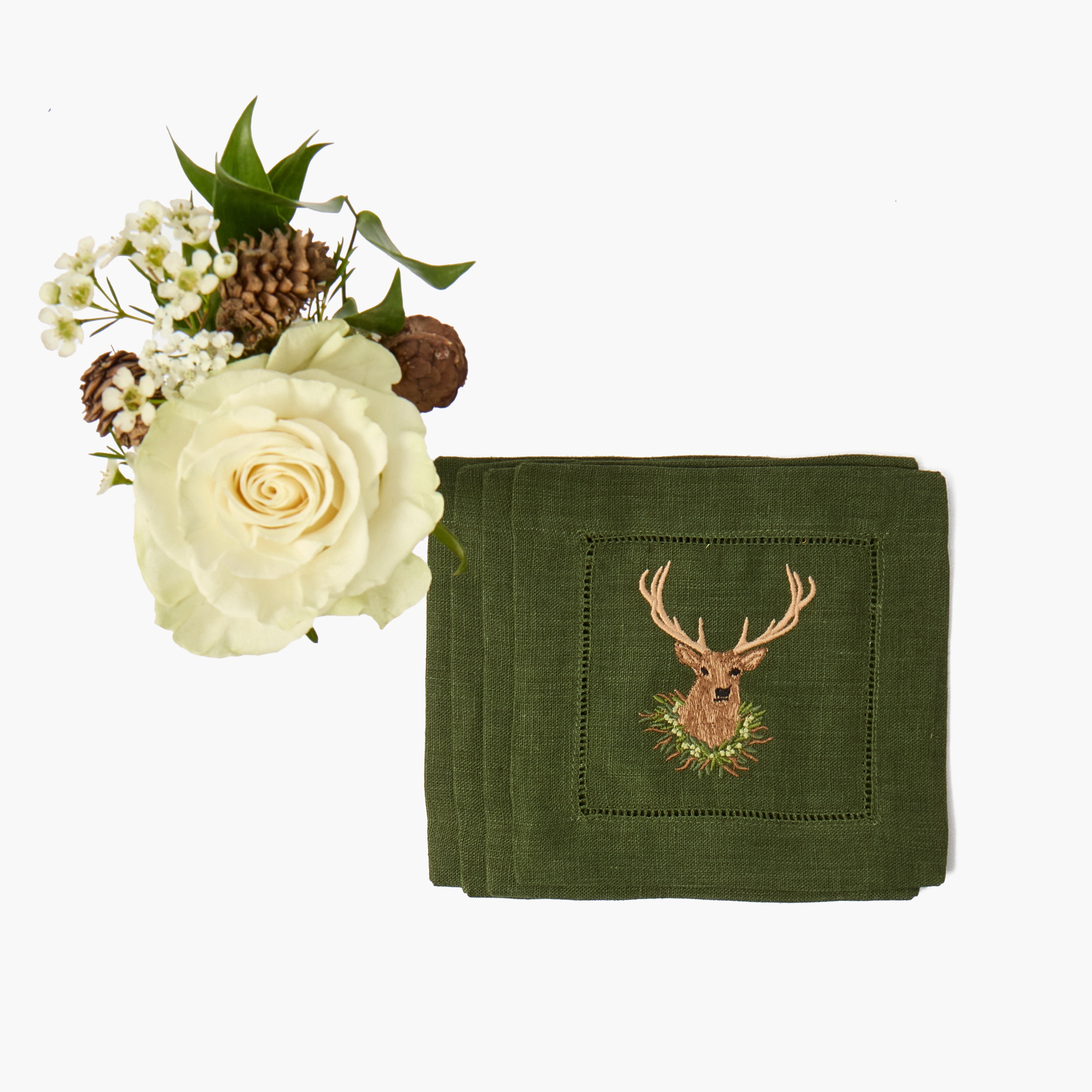 Forest Green Stag Embroidered Linen Cocktail Napkins (Set of 4)
