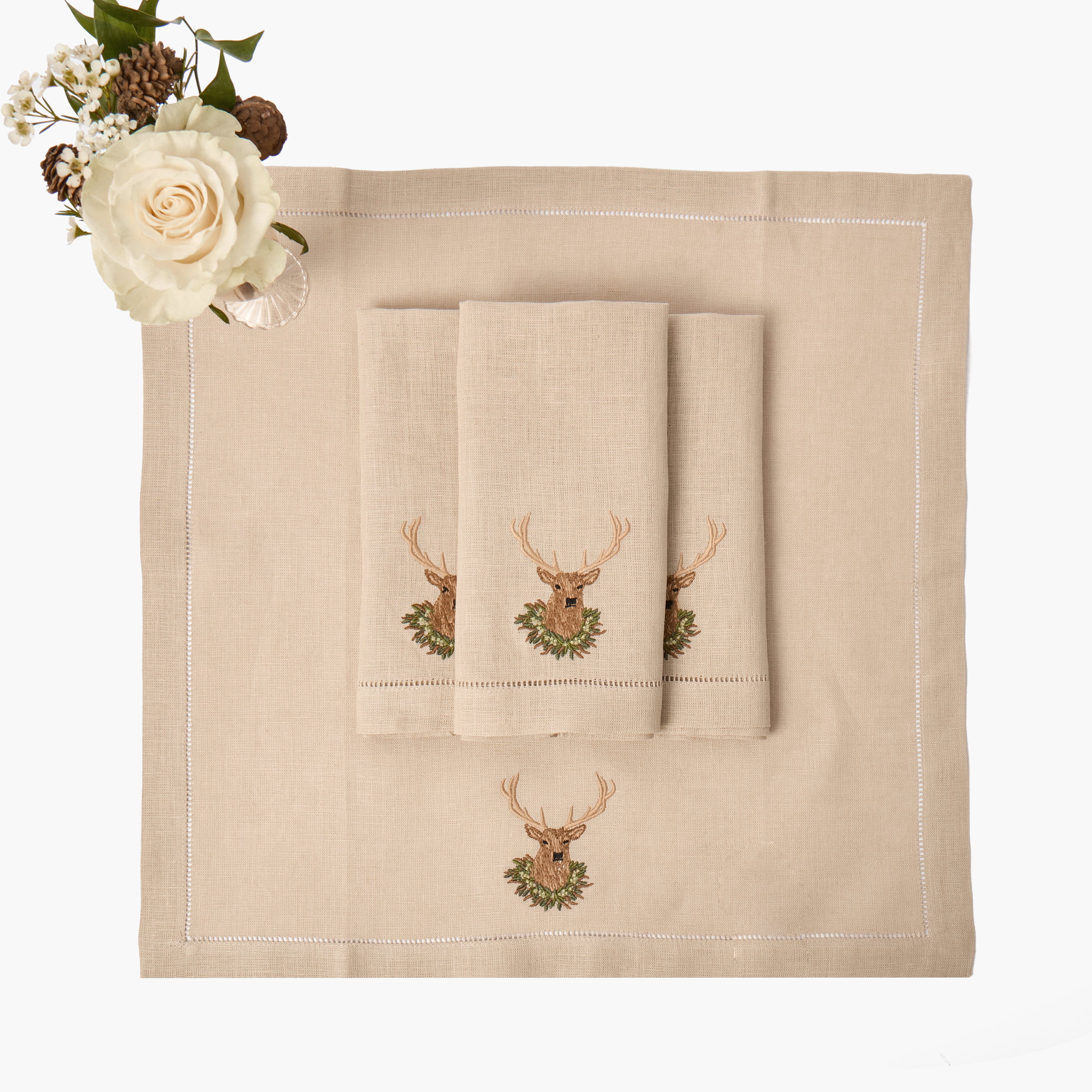 Taupe Stag Embroidered Linen Napkins (Set of 4)