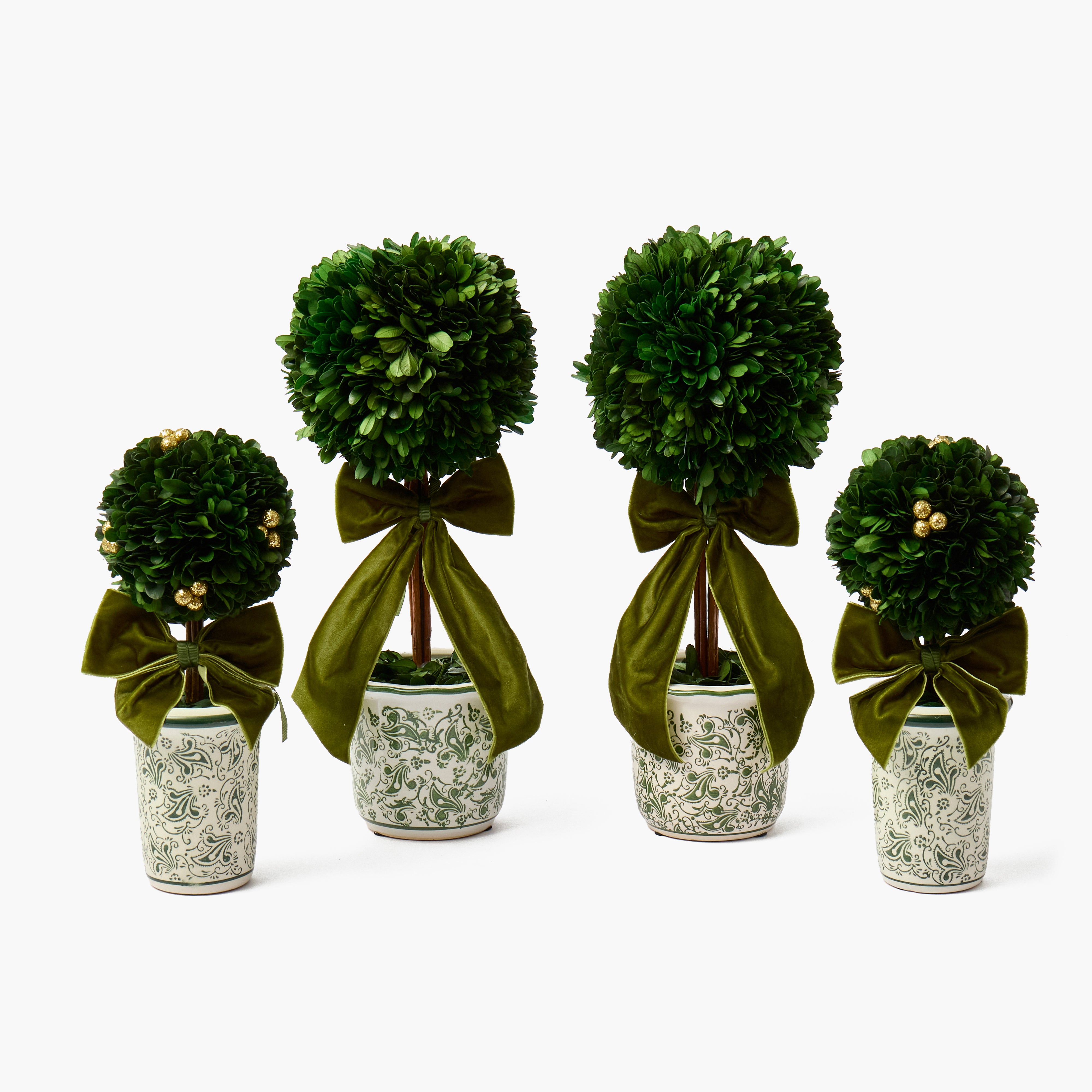 Green Ribboned Chinoiserie Potted Boxwood Balls with Gold Berries (Pair)