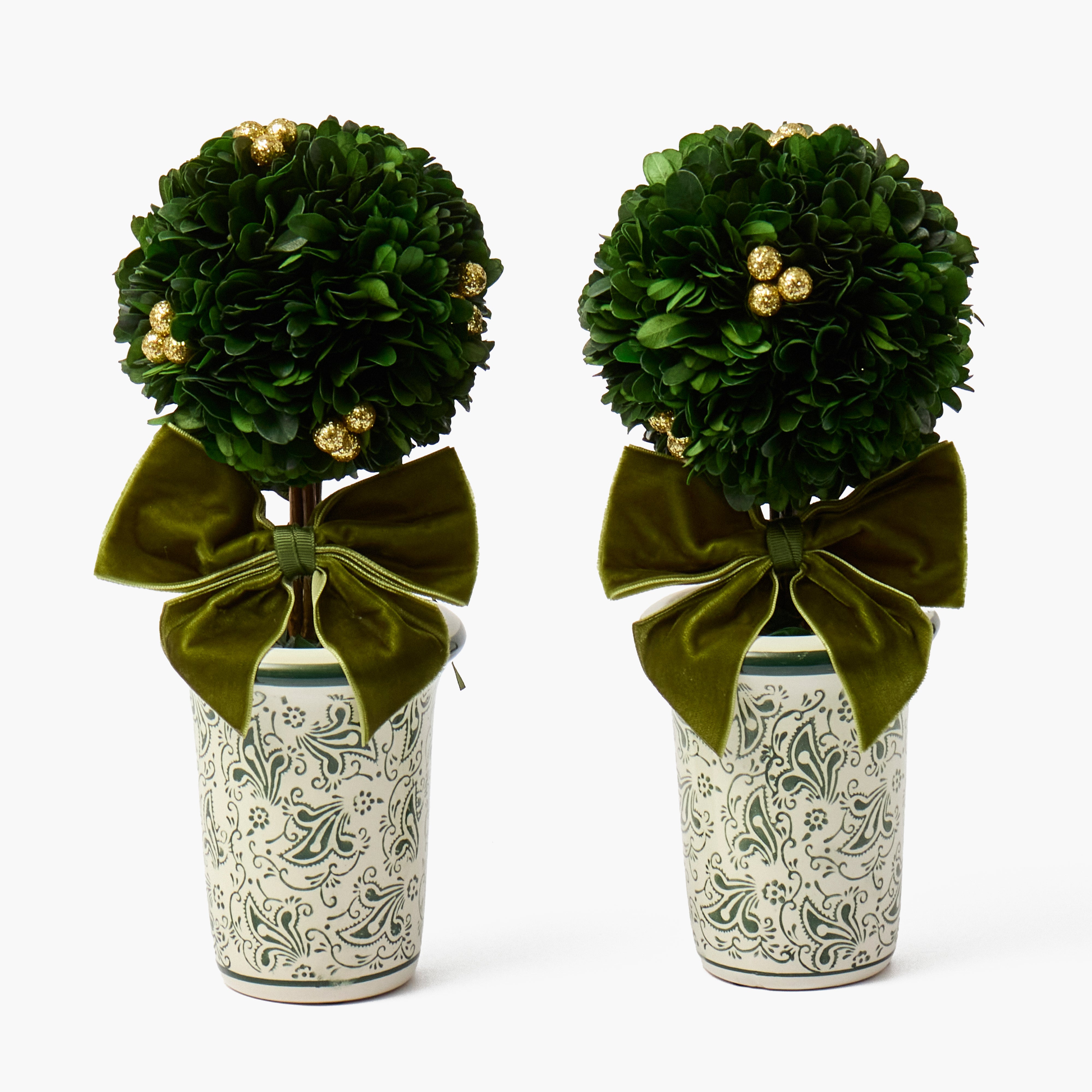 Green Ribboned Chinoiserie Potted Boxwood Balls with Gold Berries (Pair)
