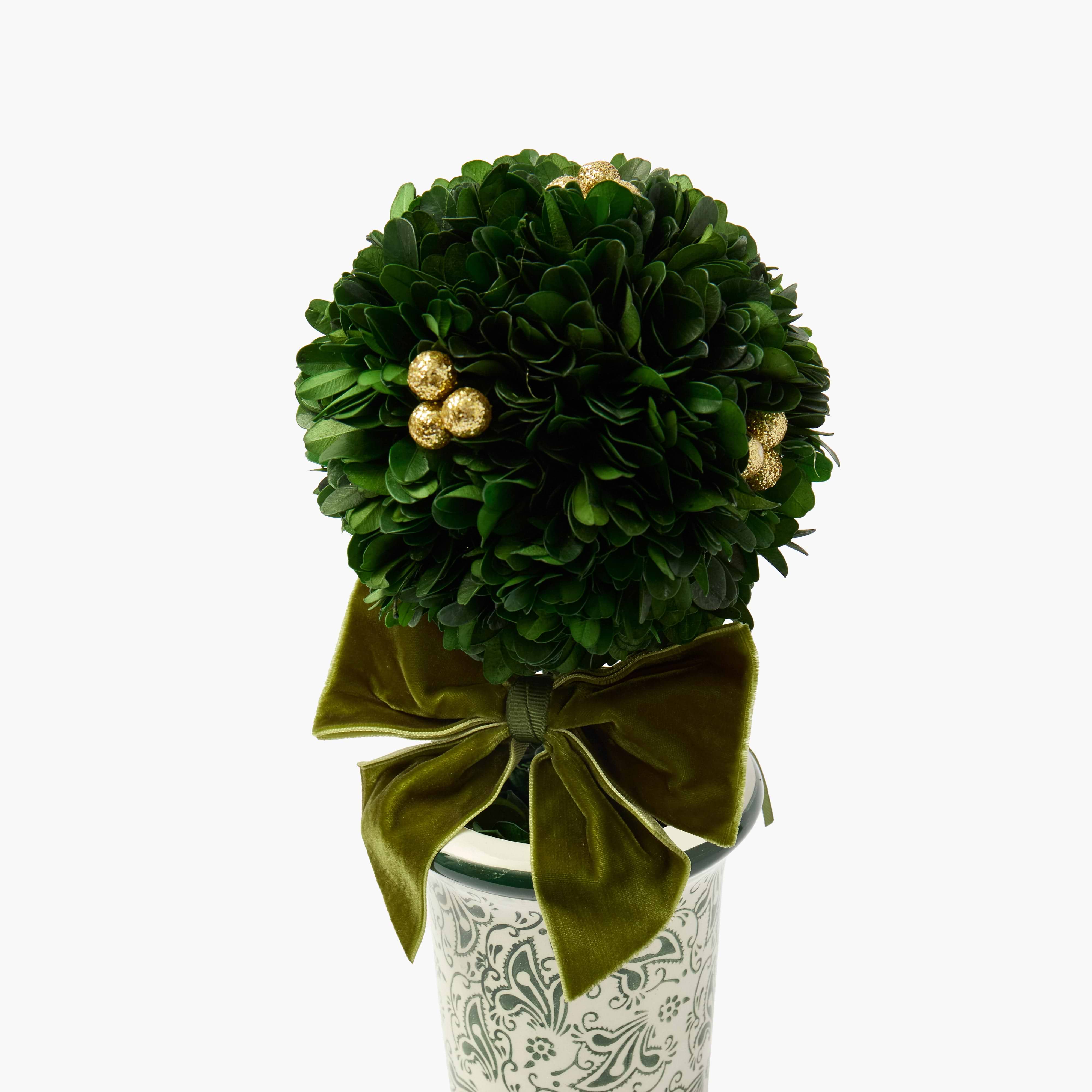 Green Ribboned Chinoiserie Potted Boxwood Balls with Gold Berries (Pair)