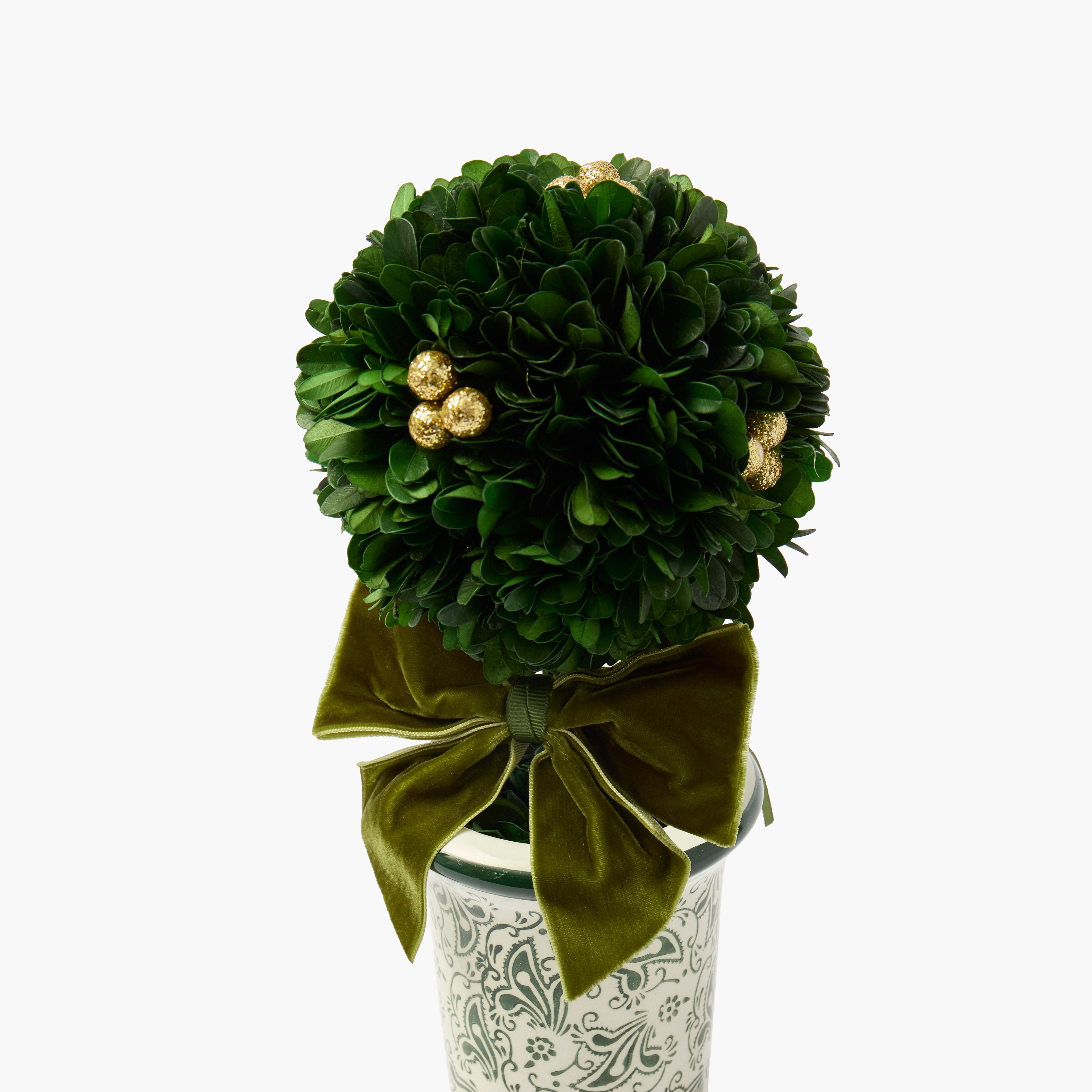 Green Ribboned Chinoiserie Potted Boxwood Balls with Gold Berries (Pair)