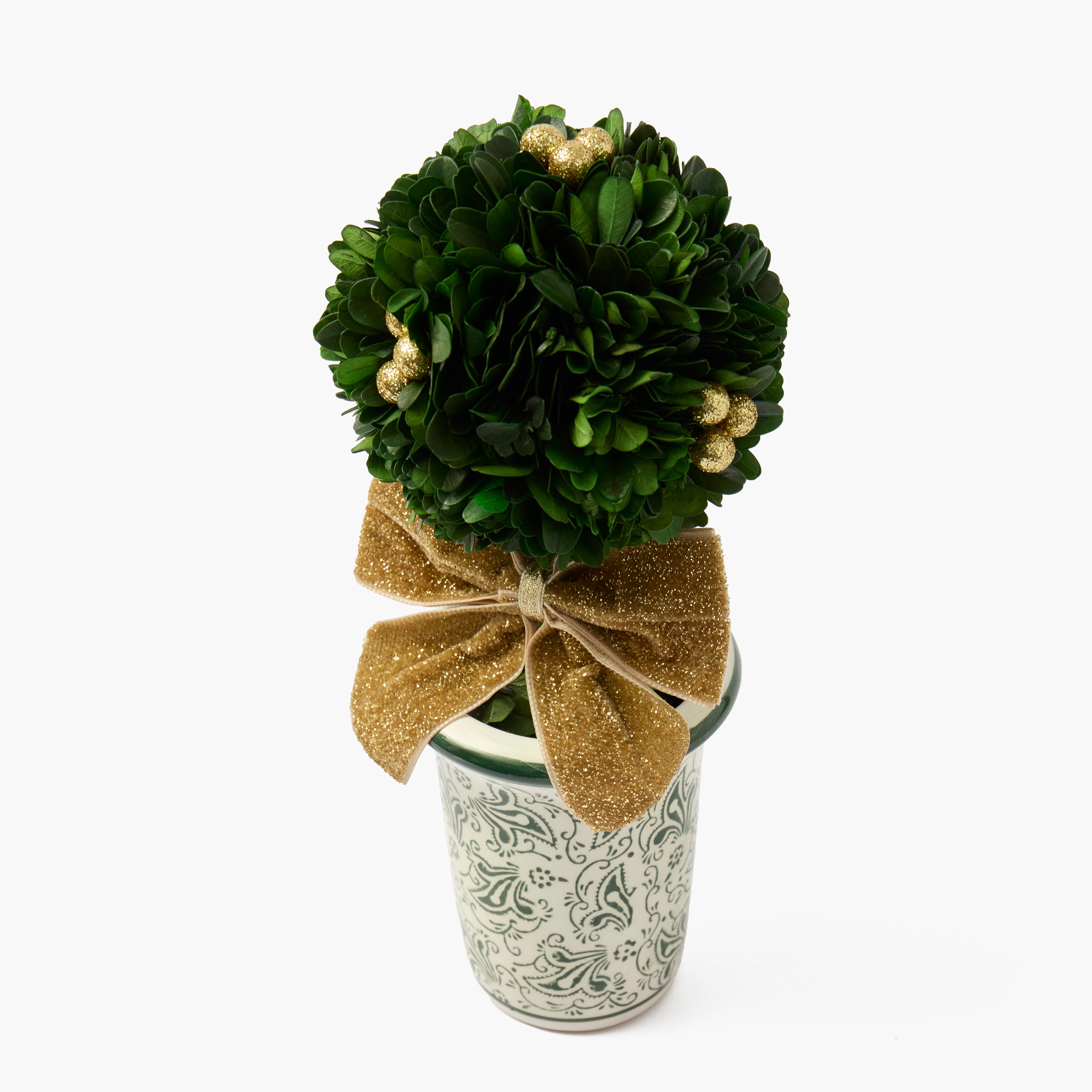 Gold Ribboned Chinoiserie Potted Boxwood Balls with Gold Berries (Pair)