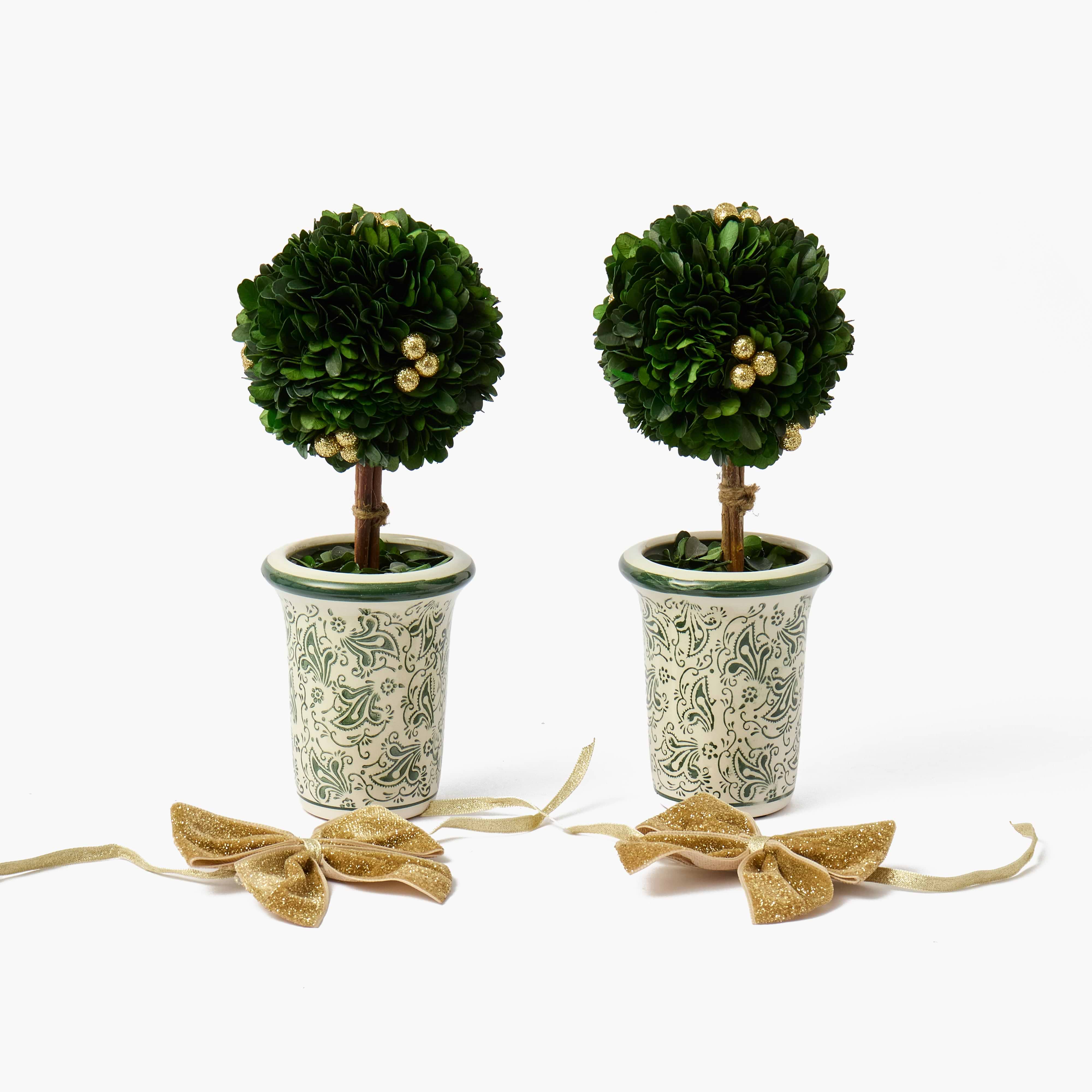 Gold Ribboned Chinoiserie Potted Boxwood Balls with Gold Berries (Pair)