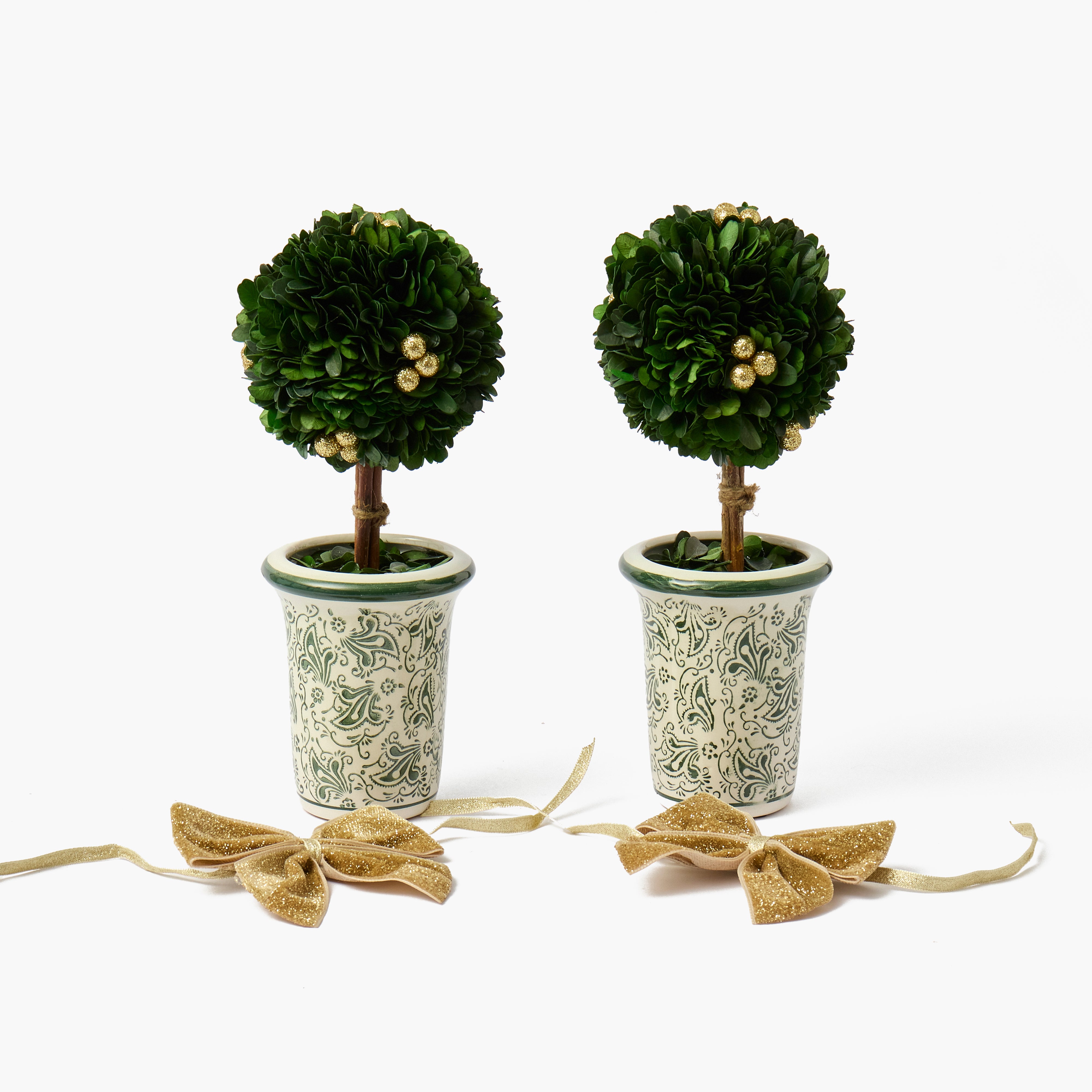Gold Ribboned Chinoiserie Potted Boxwood Balls with Gold Berries (Pair)