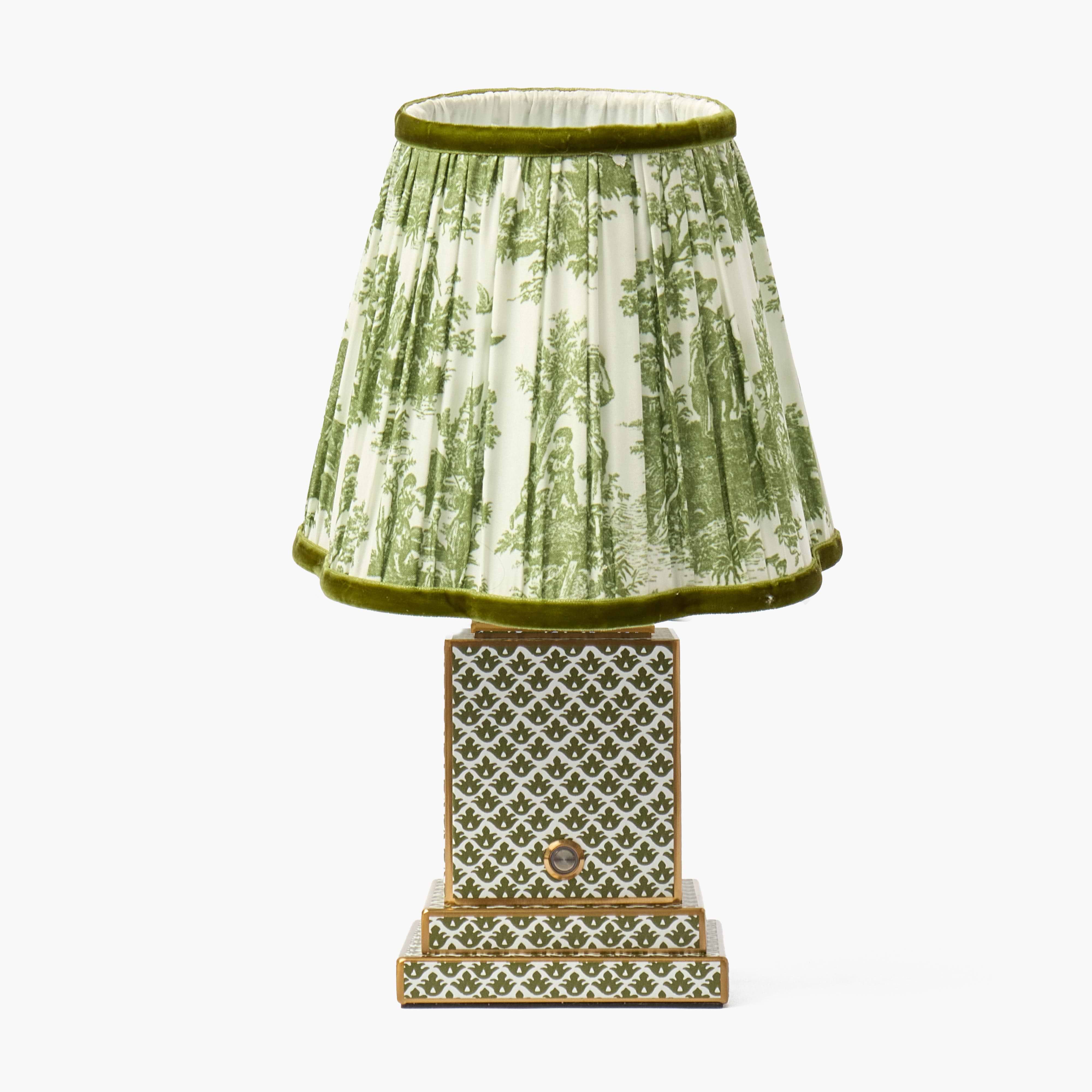 Olive Lotus Square Rechargeable Lamp with Olive Toile Shade (18cm)