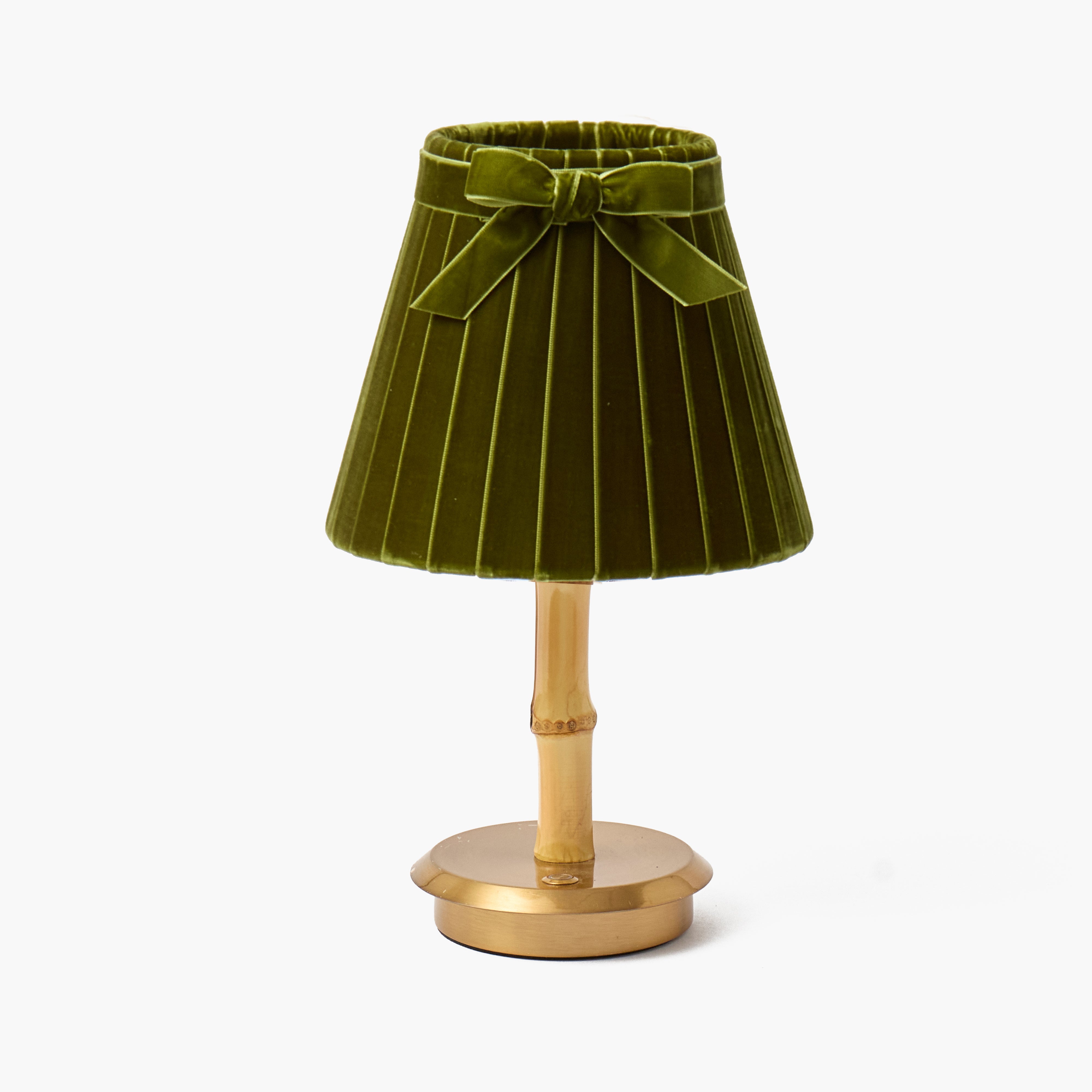 Bamboo Short Rechargeable Lamp with Olive Velvet Bow Shade (18cm)