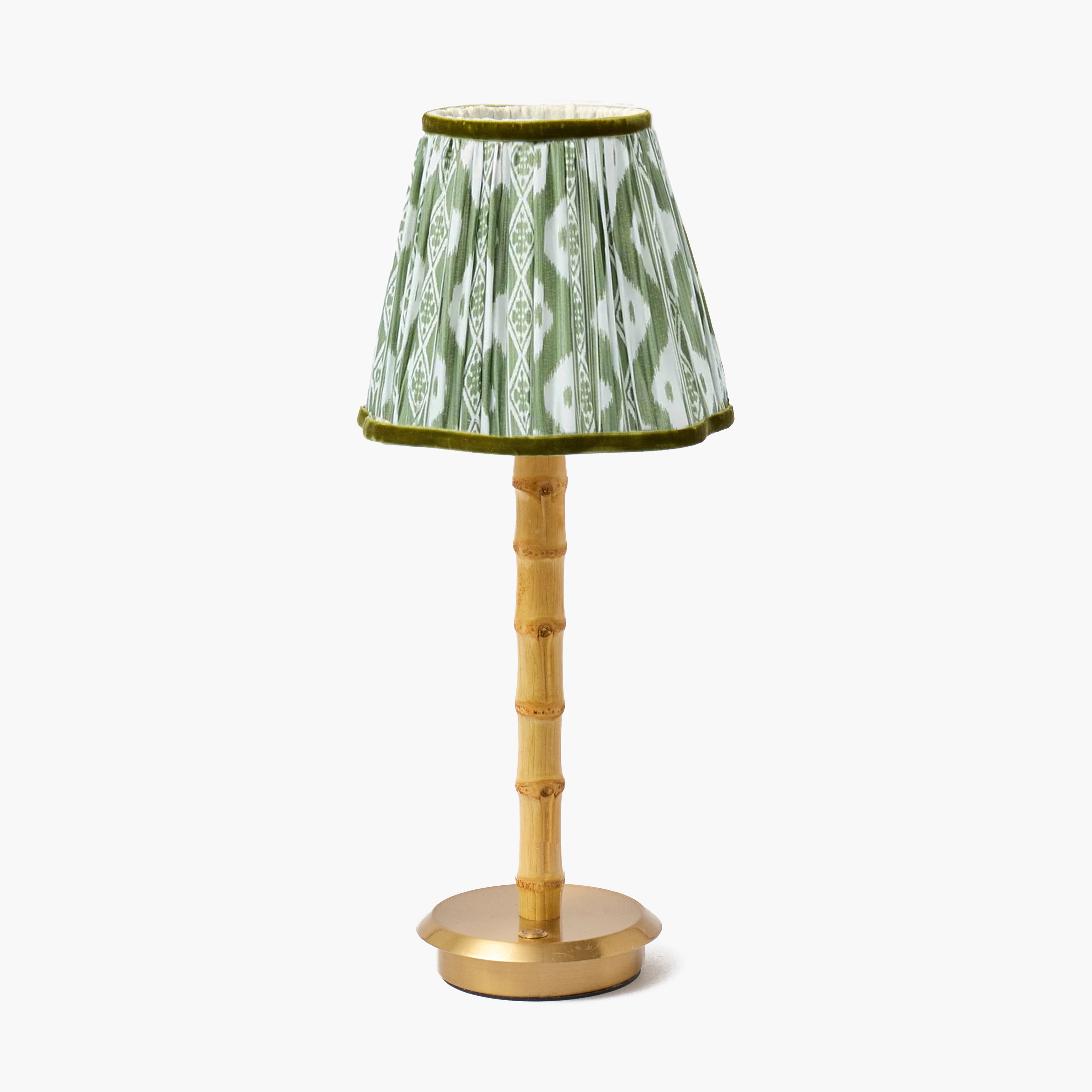 Bamboo Rechargeable Lamp with Olive Ikat Shade (18cm)