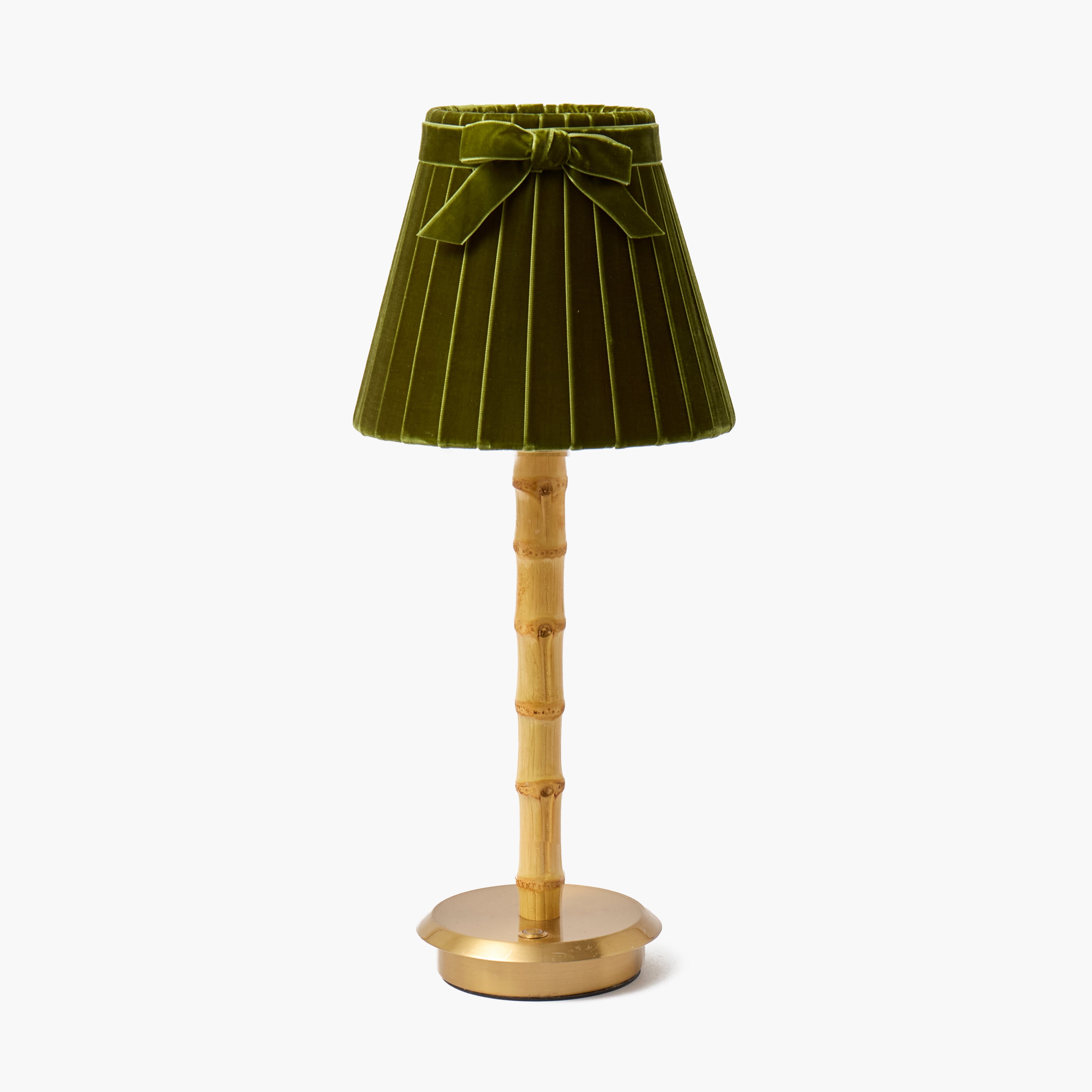 Bamboo Rechargeable Lamp with Olive Velvet Bow Shade (18cm)