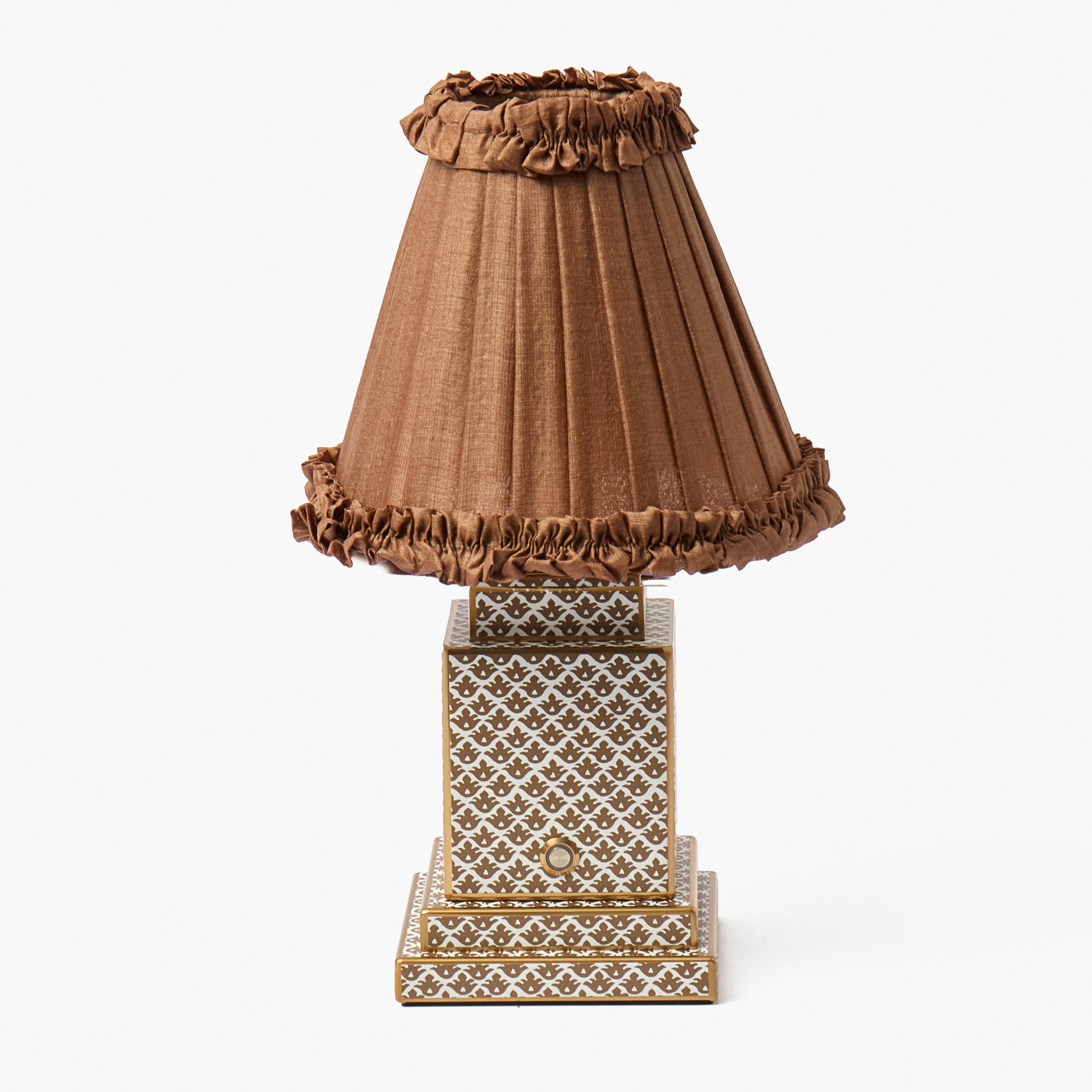Chocolate Lotus Square Rechargeable Lamp with Brown Frilled Silk Shade (18cm)