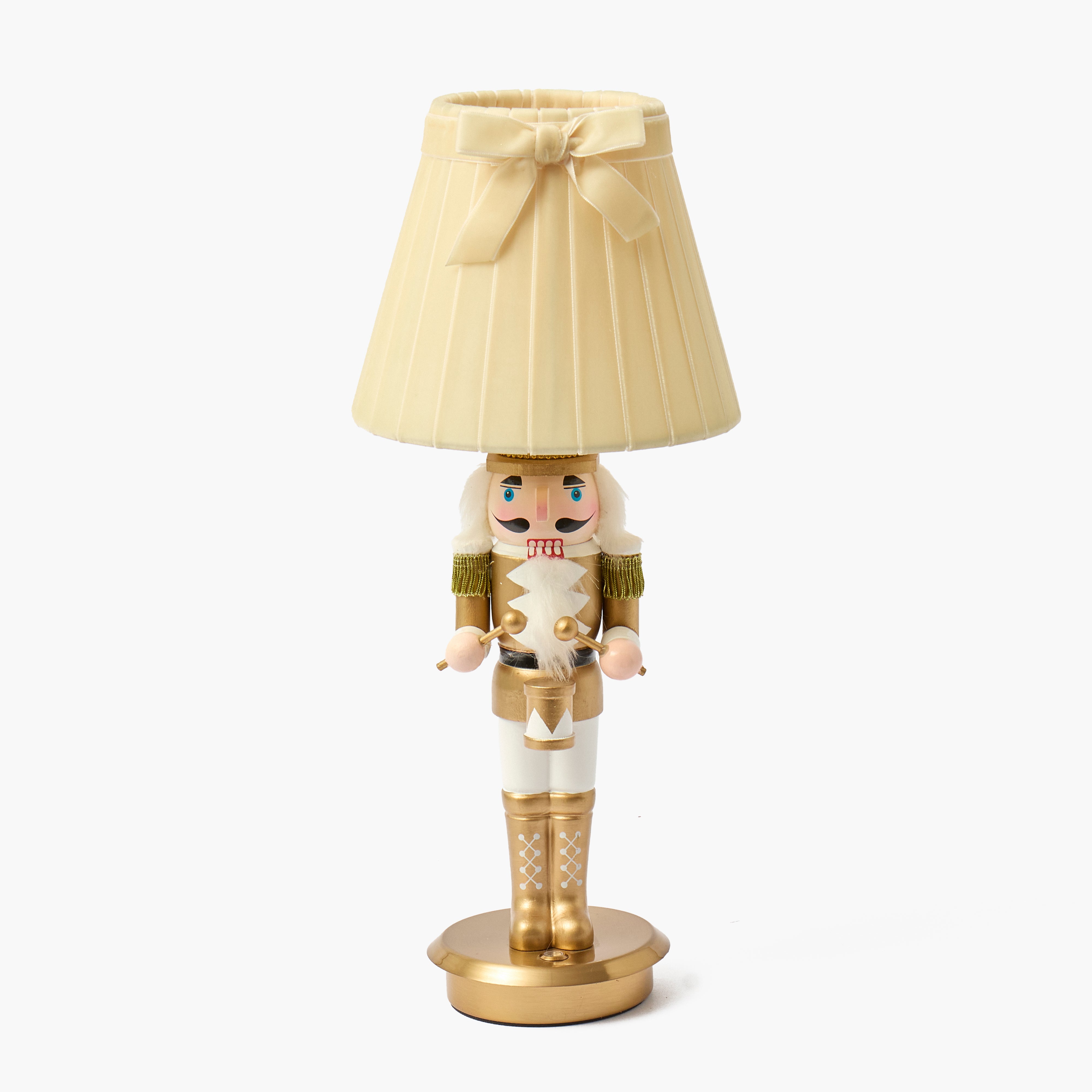 Gold Nutcracker Rechargeable Lamp with Cream Velvet Bow Shade (18cm)