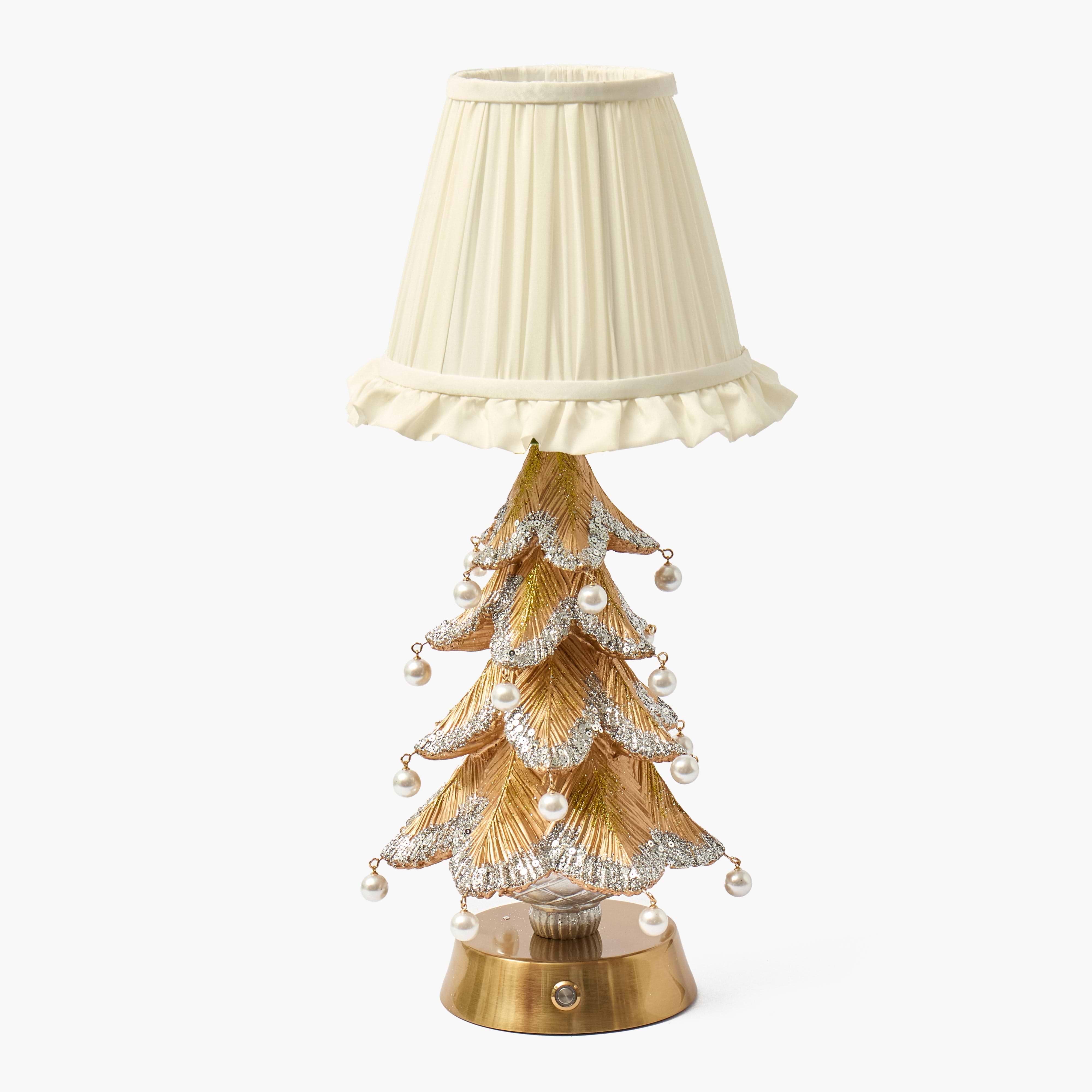 Gold Pearl Tree Rechargeable Lamp with Cream Ruffle Shade (18cm)