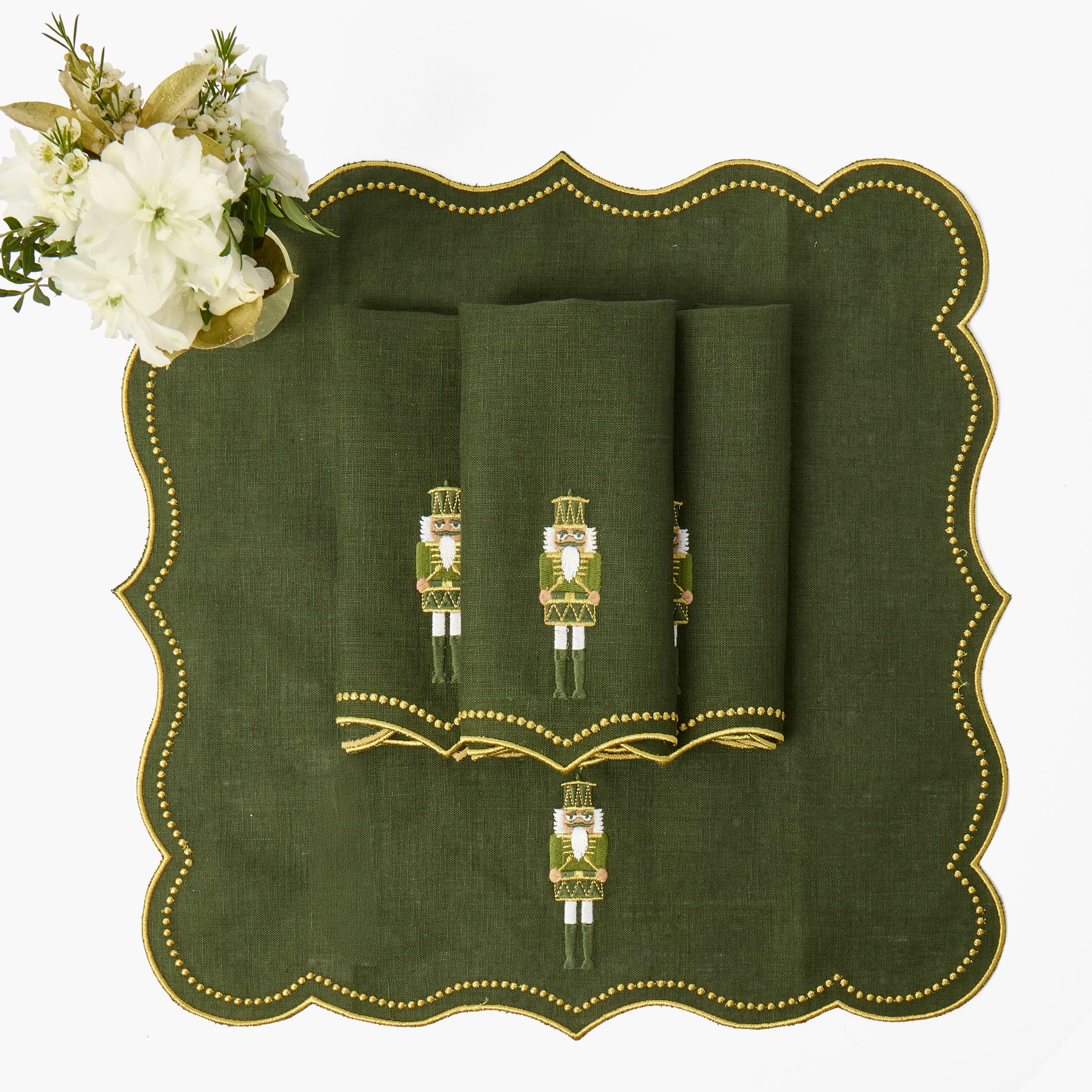 Forest Green Eloise Nutcracker Embroidered Linen Napkins (Set of 4)