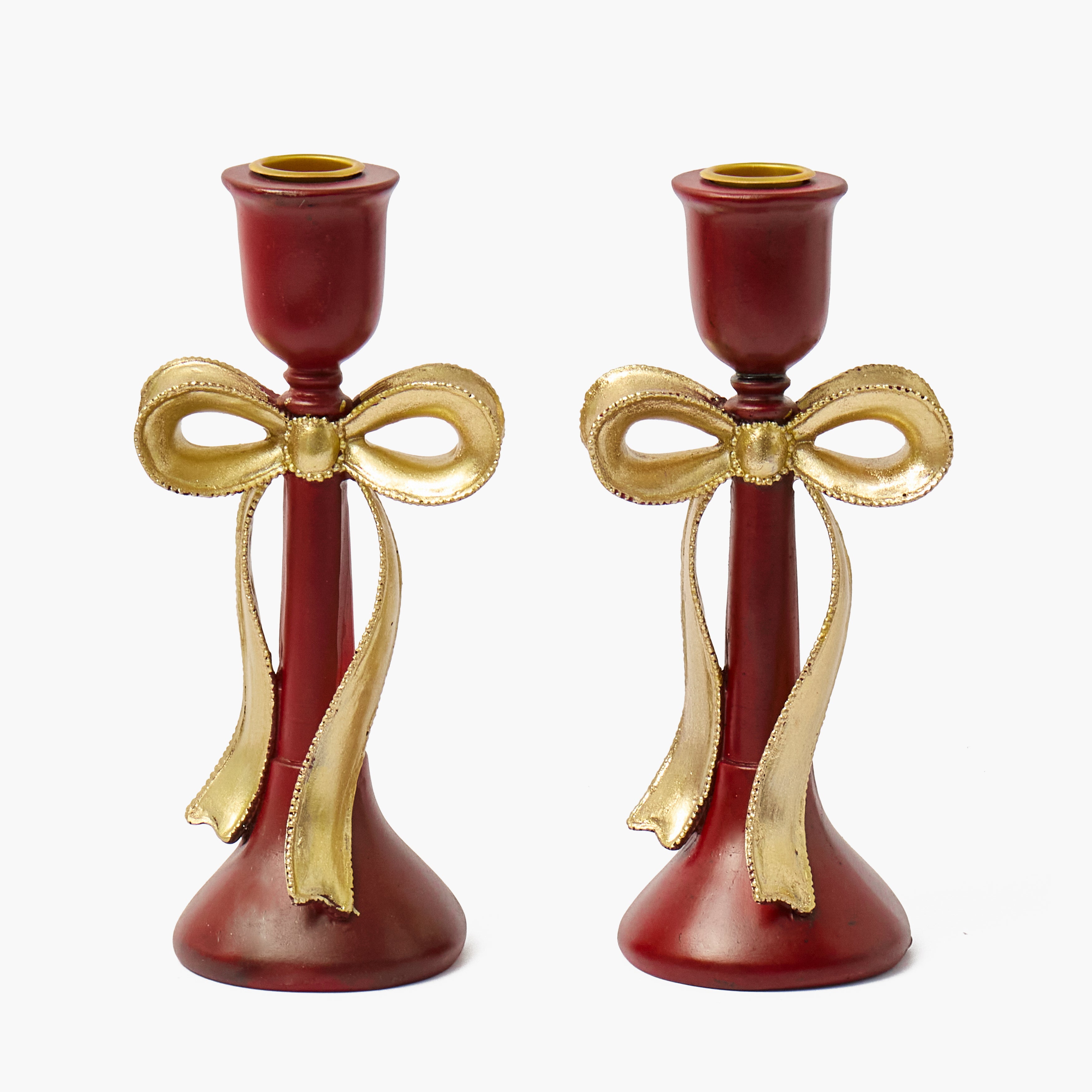 Red & Gold Bow Candle Holder (Pair)