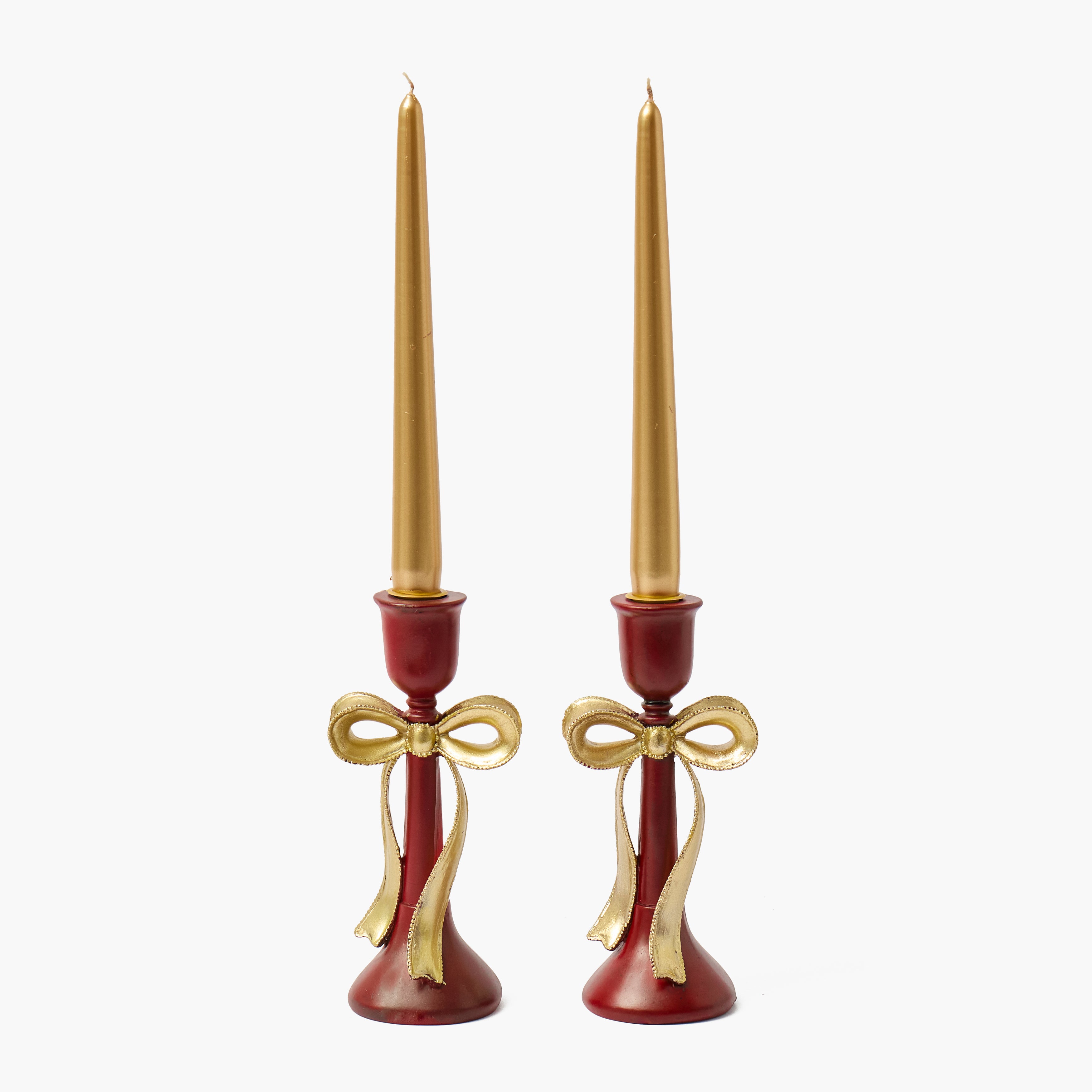 Red & Gold Bow Candle Holder (Pair)