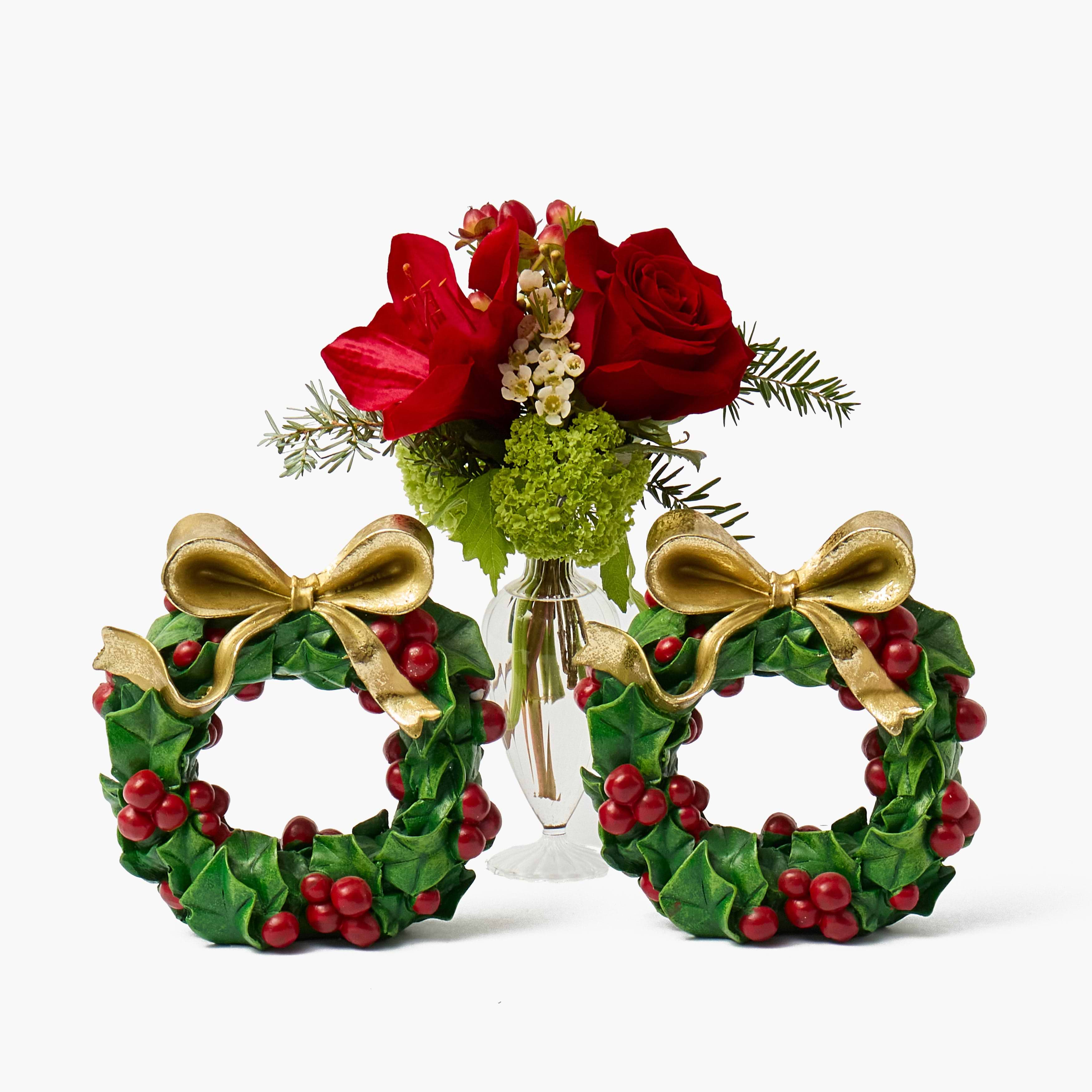 Holly & Berry Wreath Candle Holder (Pair)