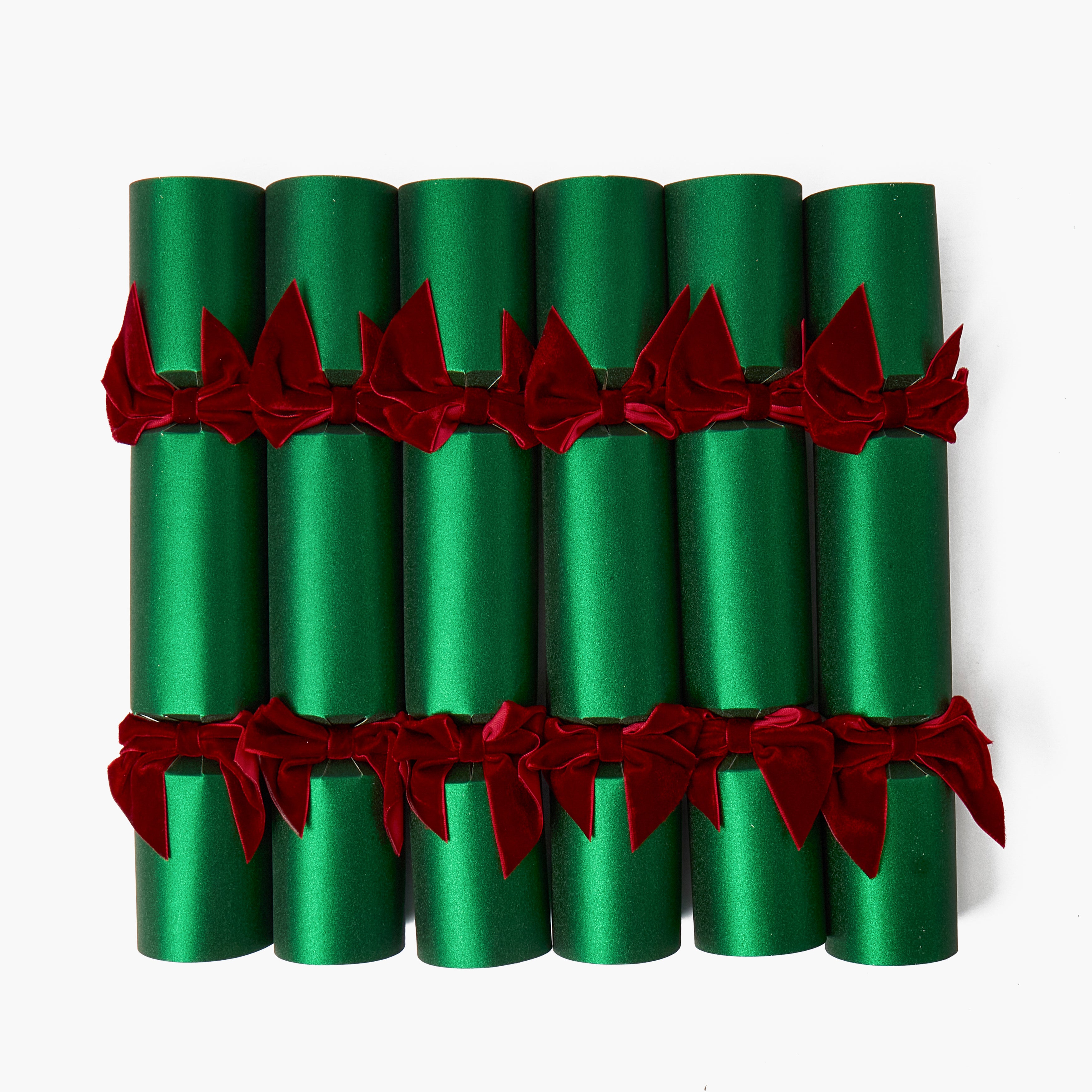 Green Glitter Crackers With Red Velvet Bows (Set of 6)