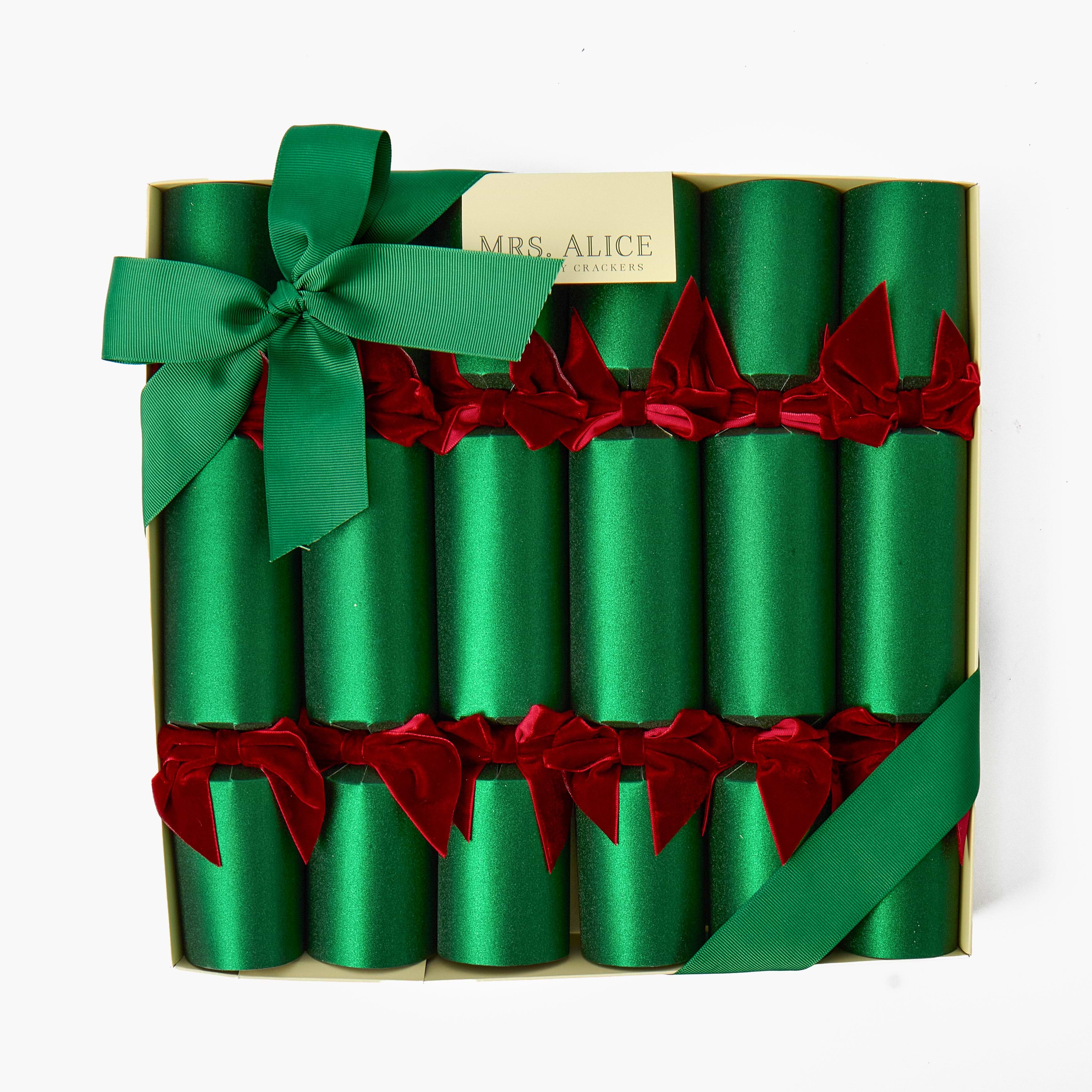 Green Glitter Crackers With Red Velvet Bows (Set of 6)
