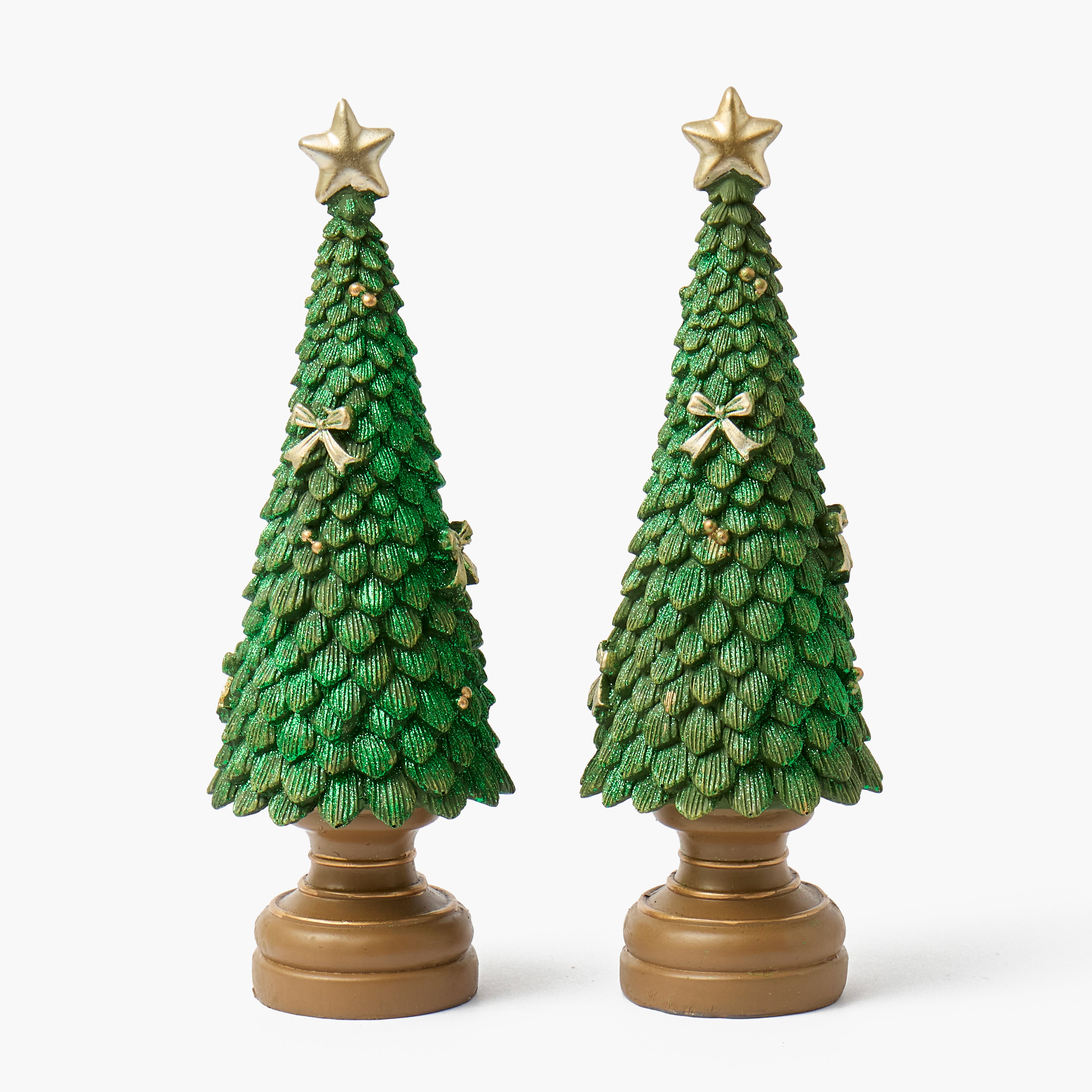 Green Glitter Trees with Gold Bows (Pair) - 36cm