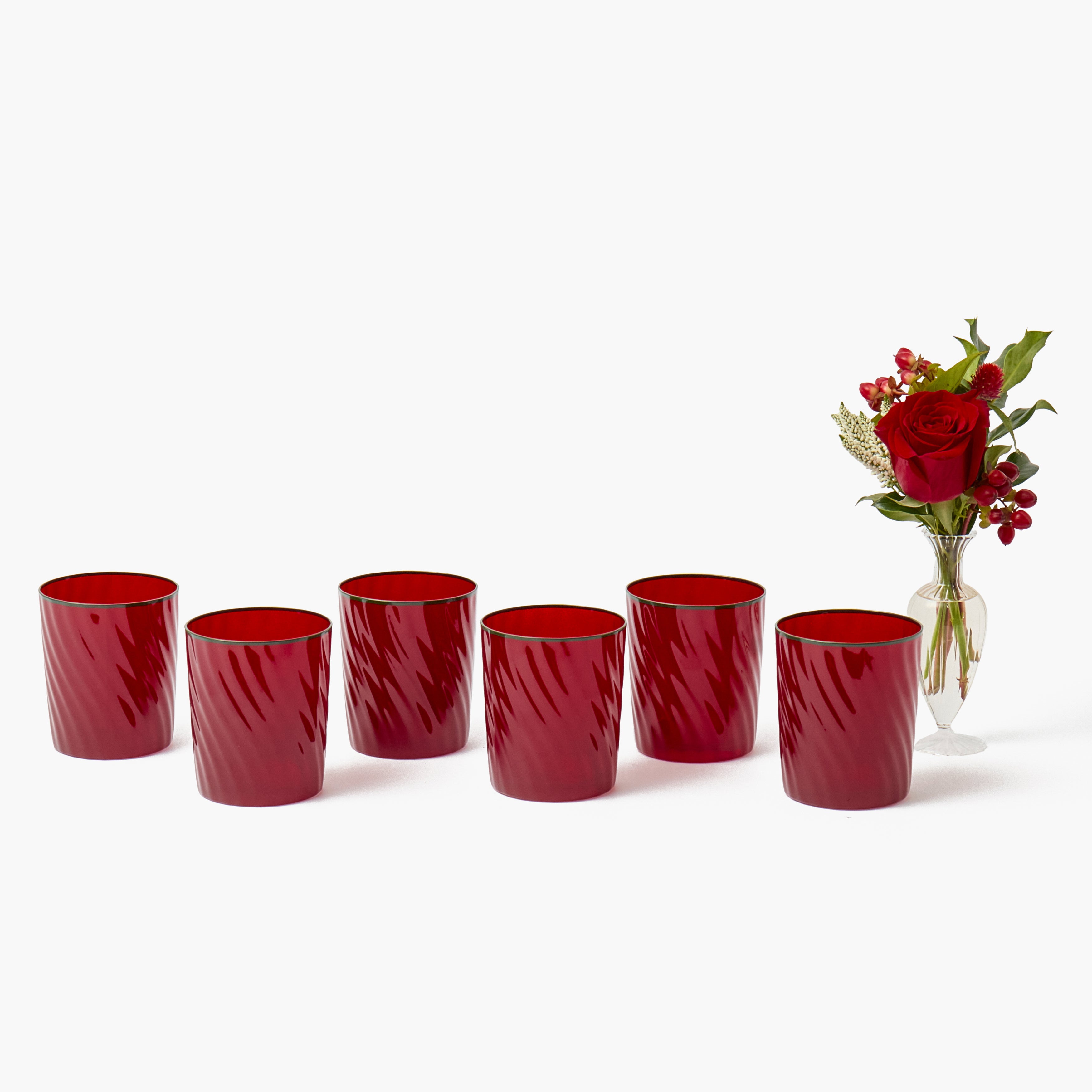 Red Swirl Water Glasses with Green Rim (Set of 6)