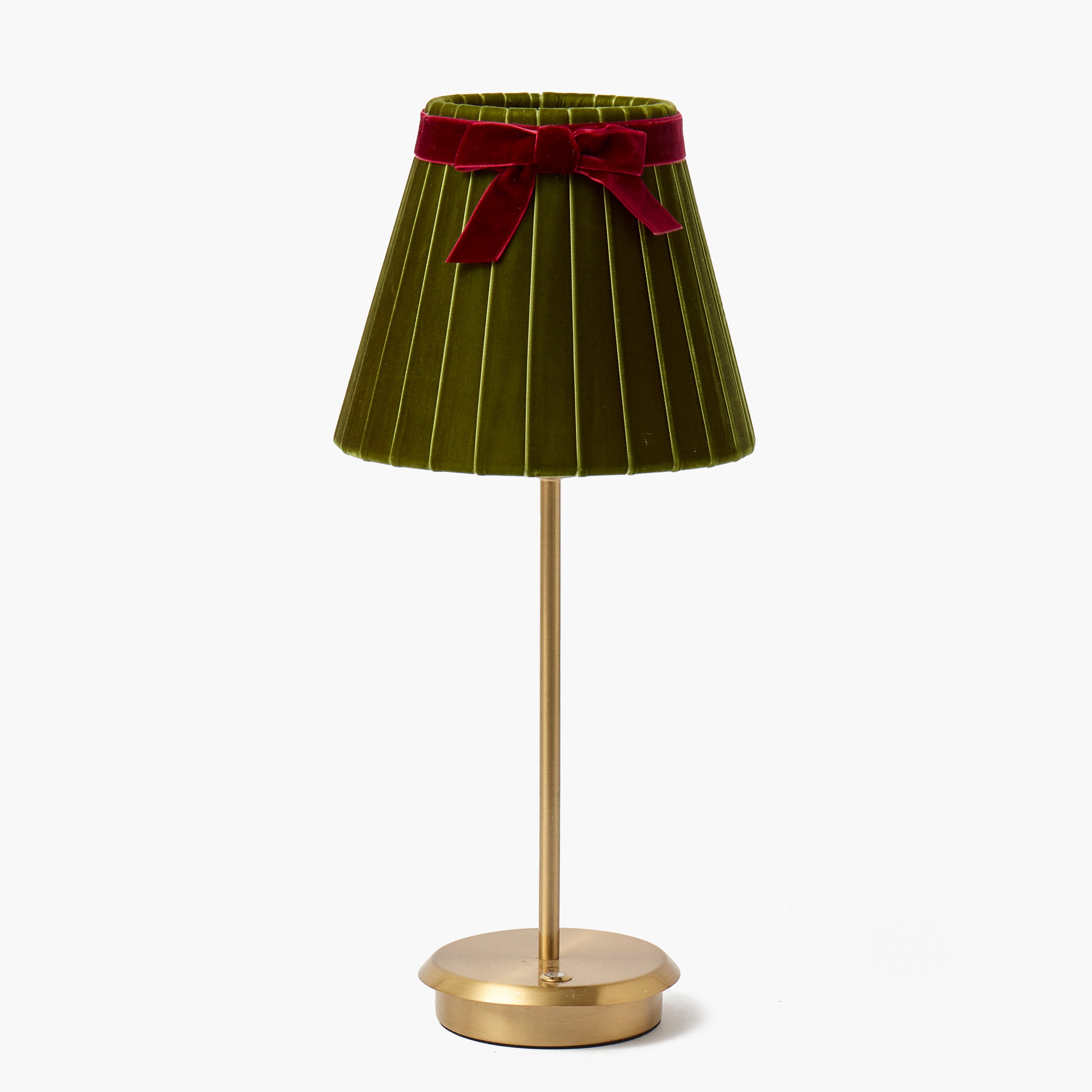 Tall Rechargeable Lamp with Olive & Burgundy Velvet Bow Shade (18cm)