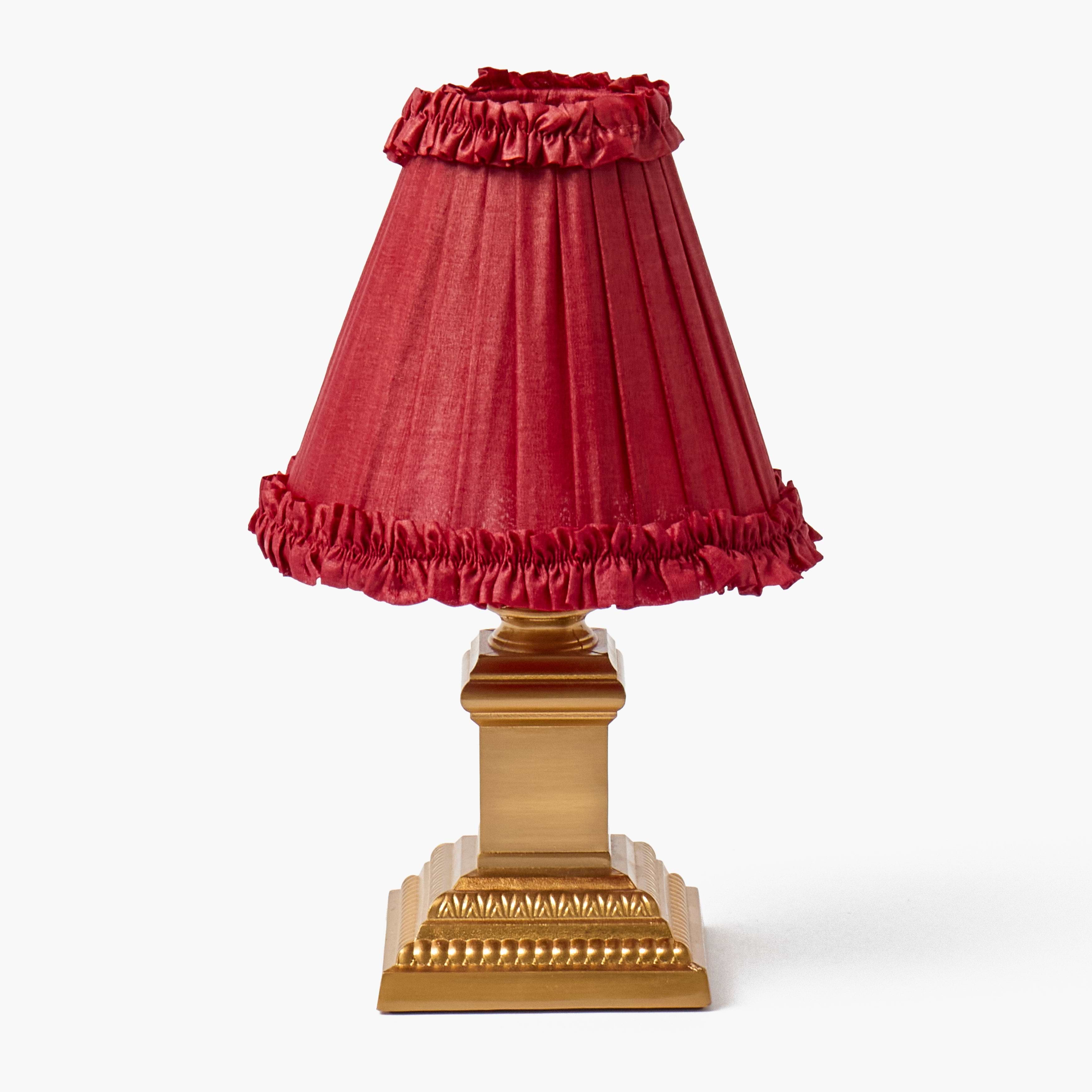 Short Corinthian Square Rechargeable Lamp with Red Frilled Silk Shade (18cm)