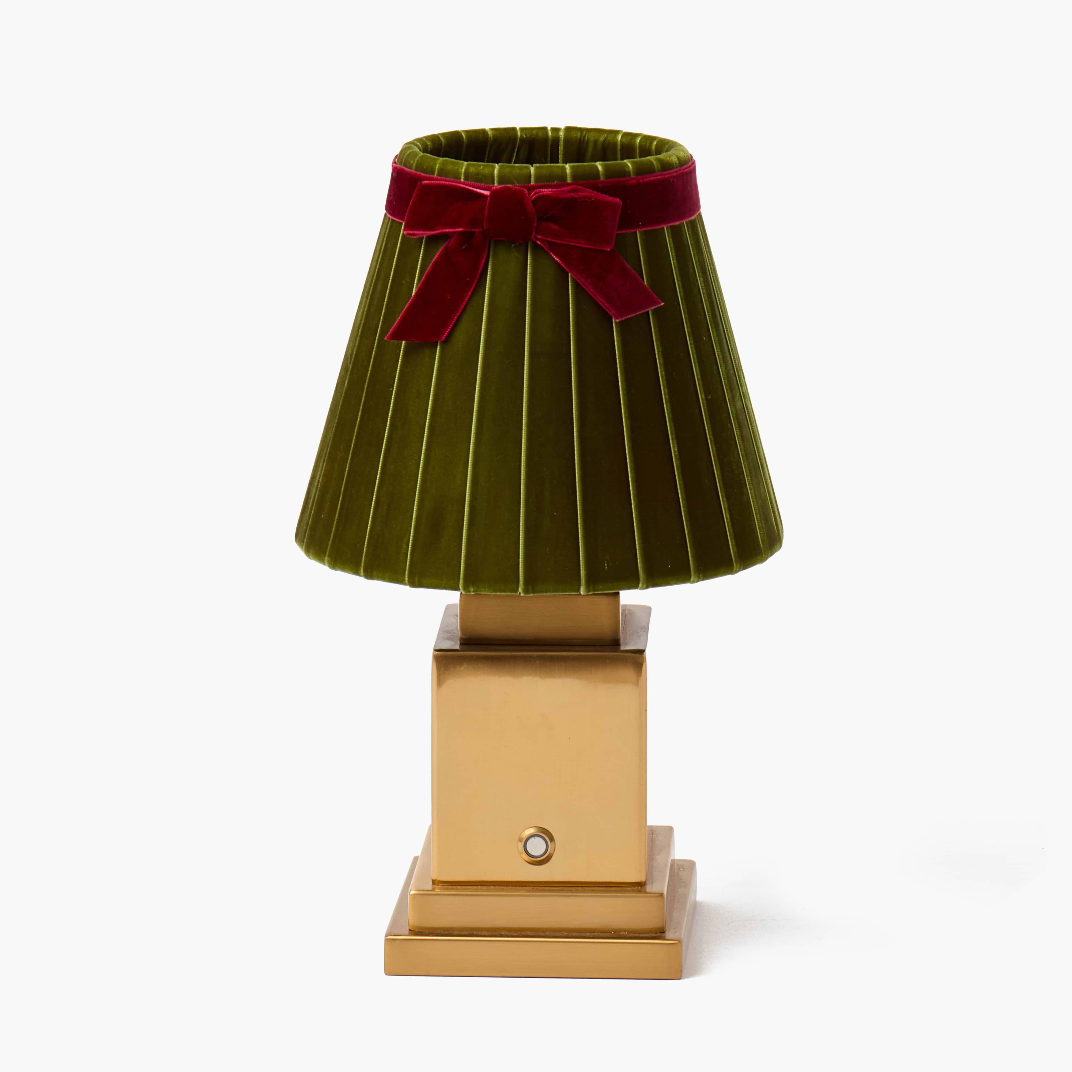 Square Rechargeable Lamp with Olive & Burgundy Velvet Bow Shade (18cm)