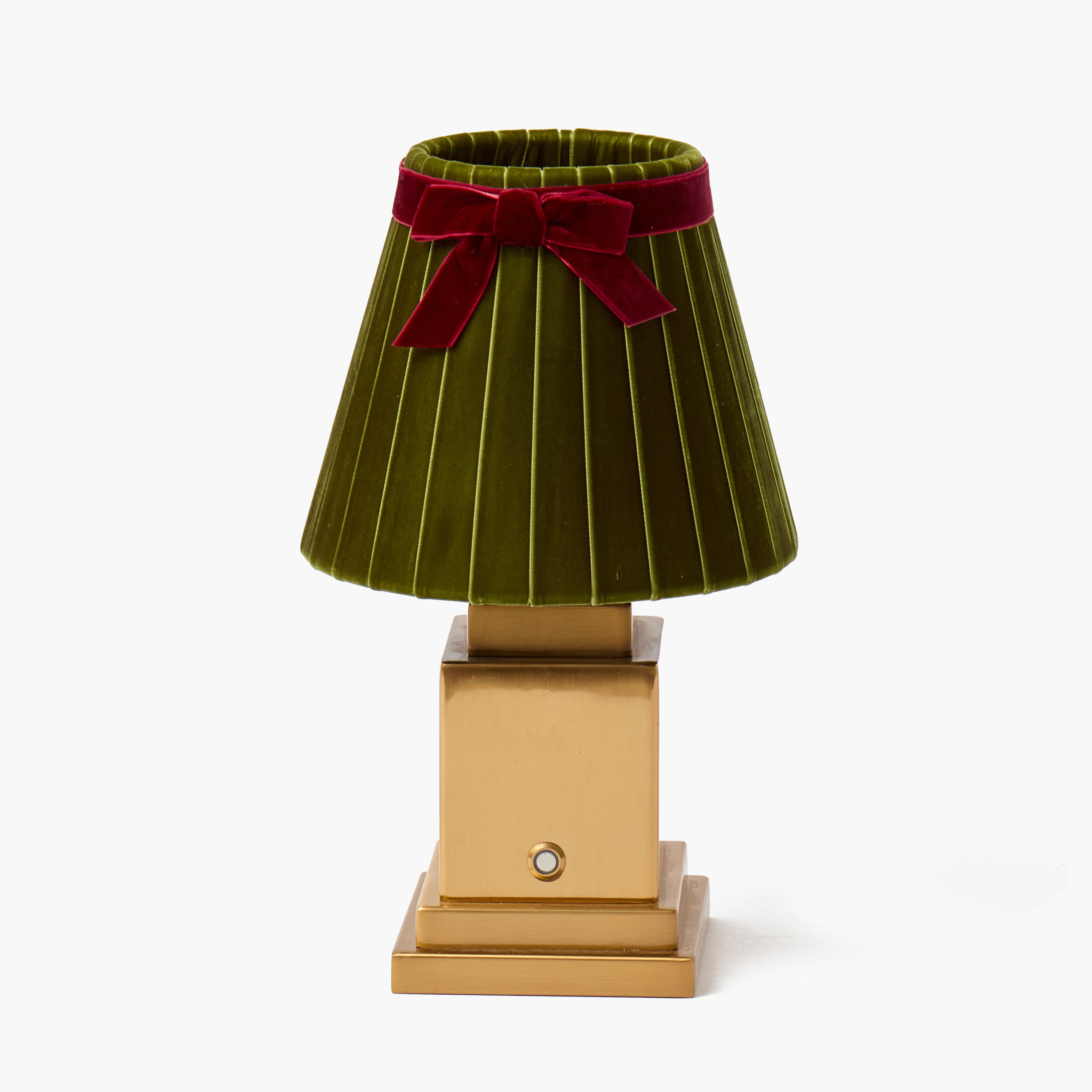 Square Rechargeable Lamp with Olive & Burgundy Velvet Bow Shade (18cm)
