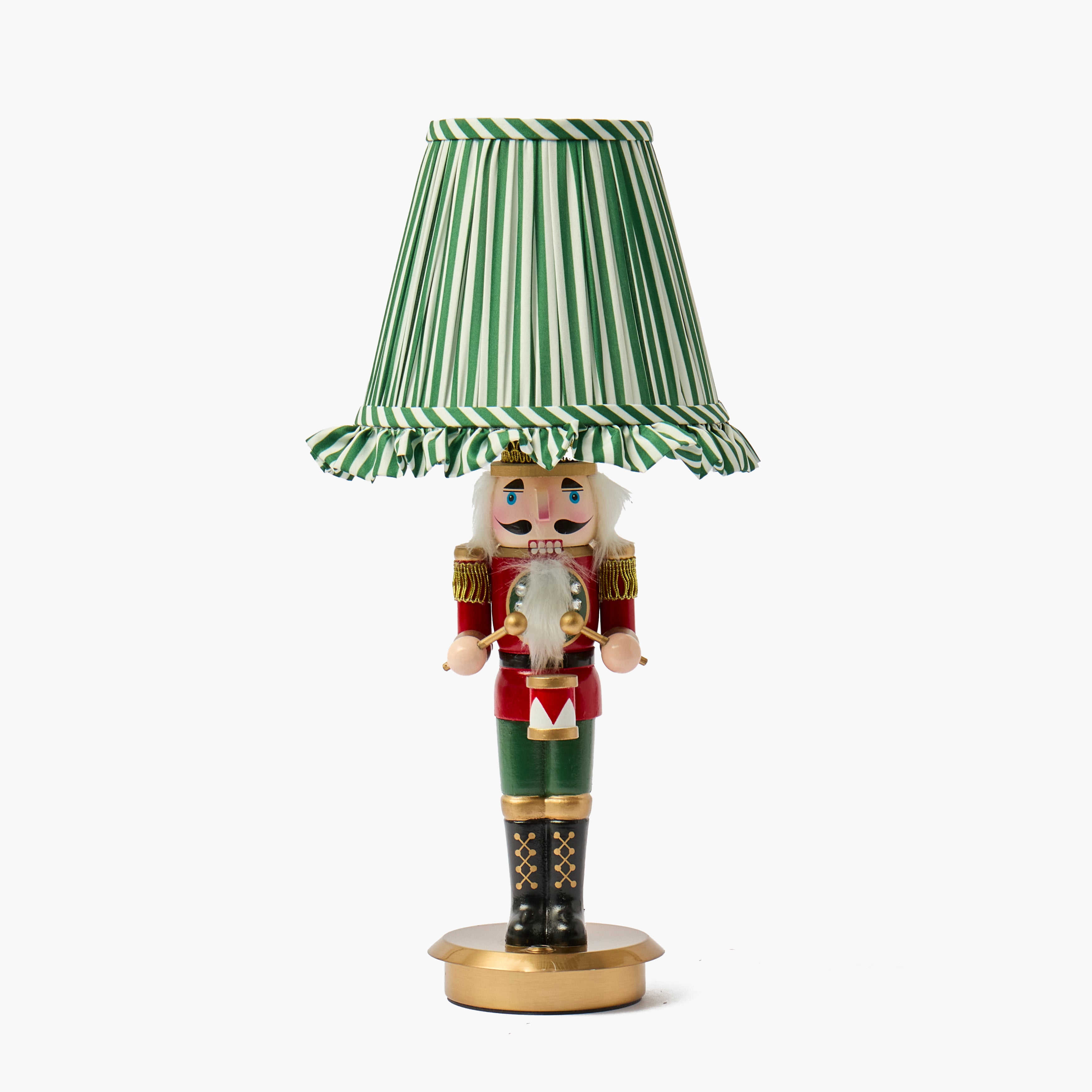 Red Traditional Nutcracker Rechargeable Lamp with Green Stripe Shade (18cm)