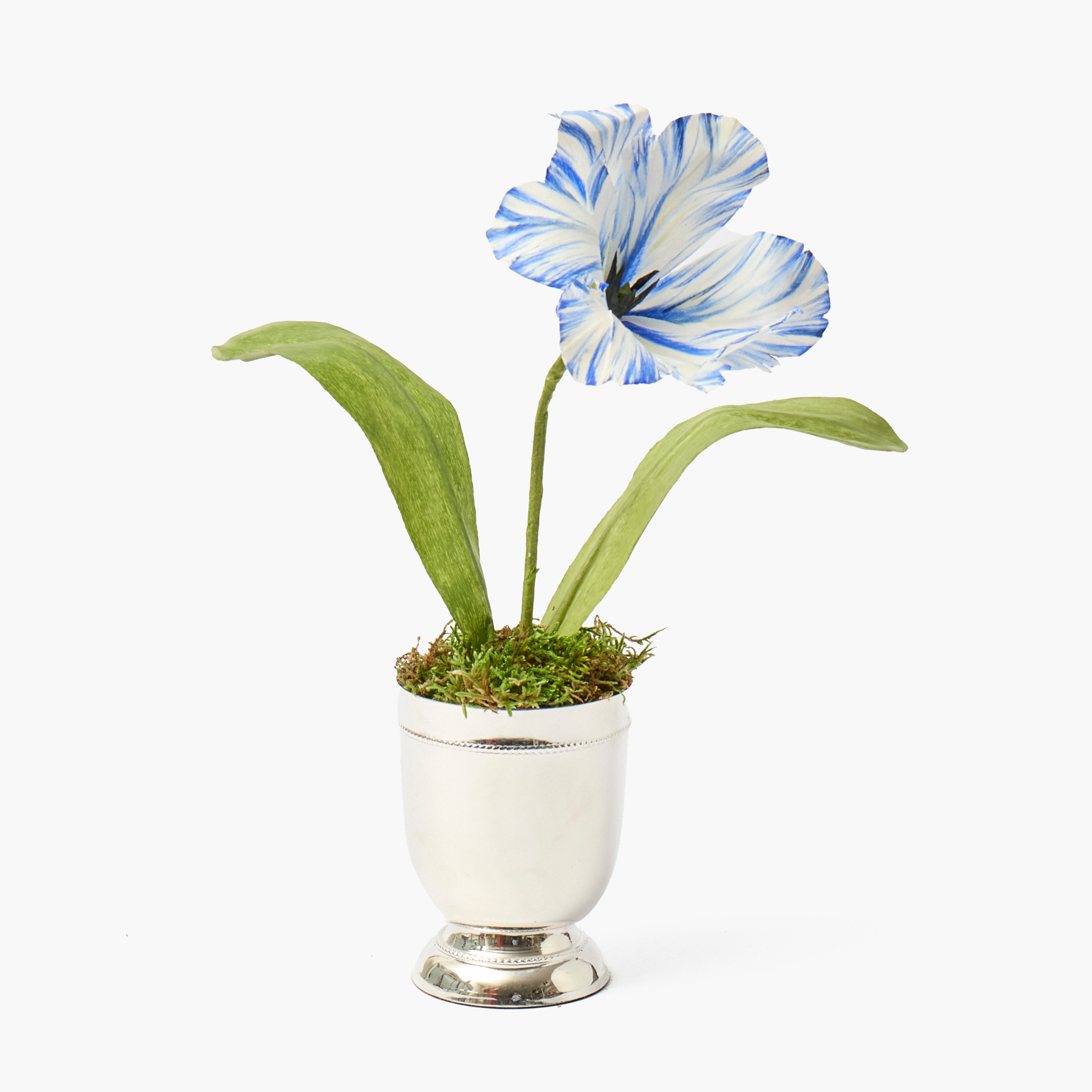 Mrs. Alice Handpainted Blue Tulip in Silver Footed Vase