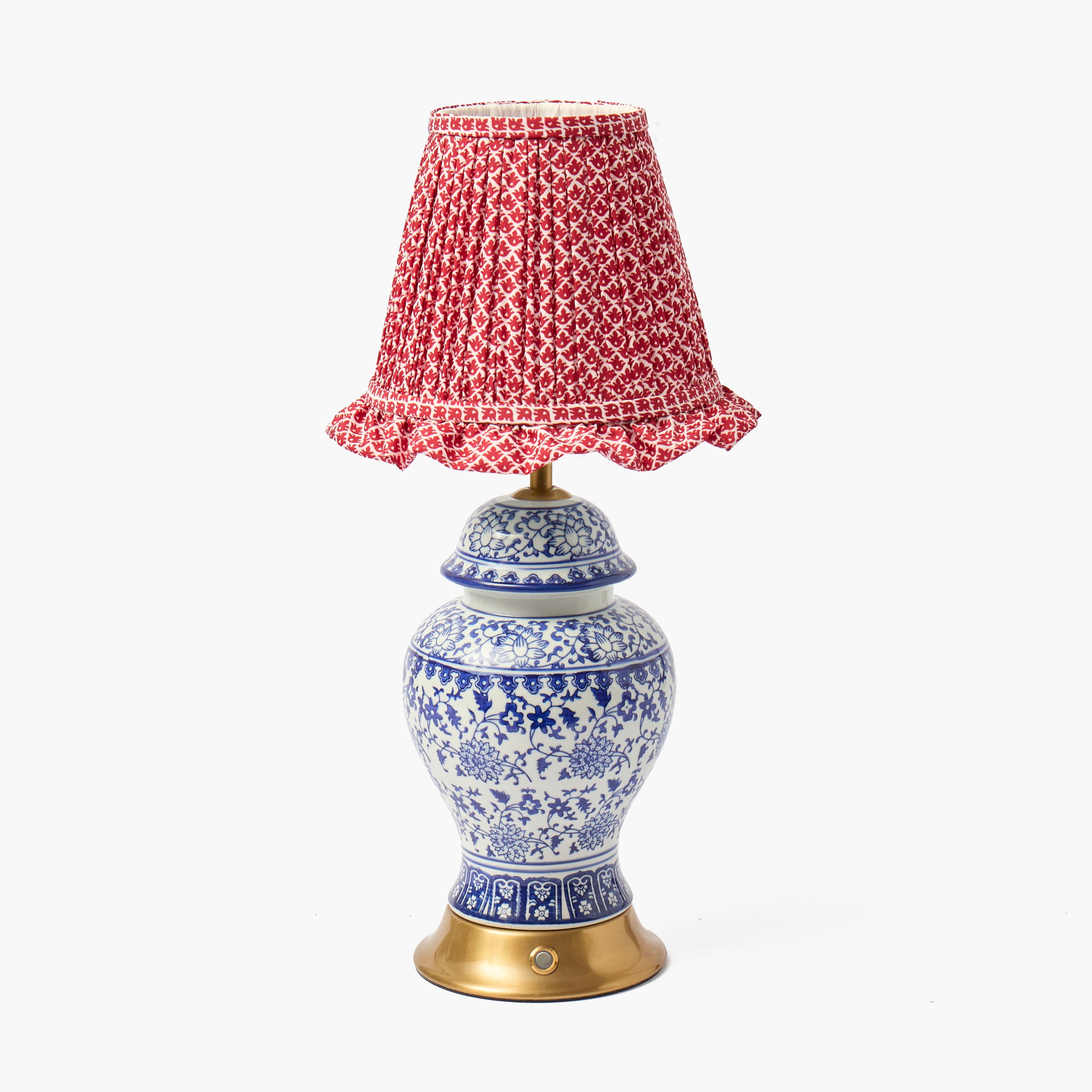 Chinoiserie Rechargeable Lamp with Red Lotus Ruffle Shade (18cm)