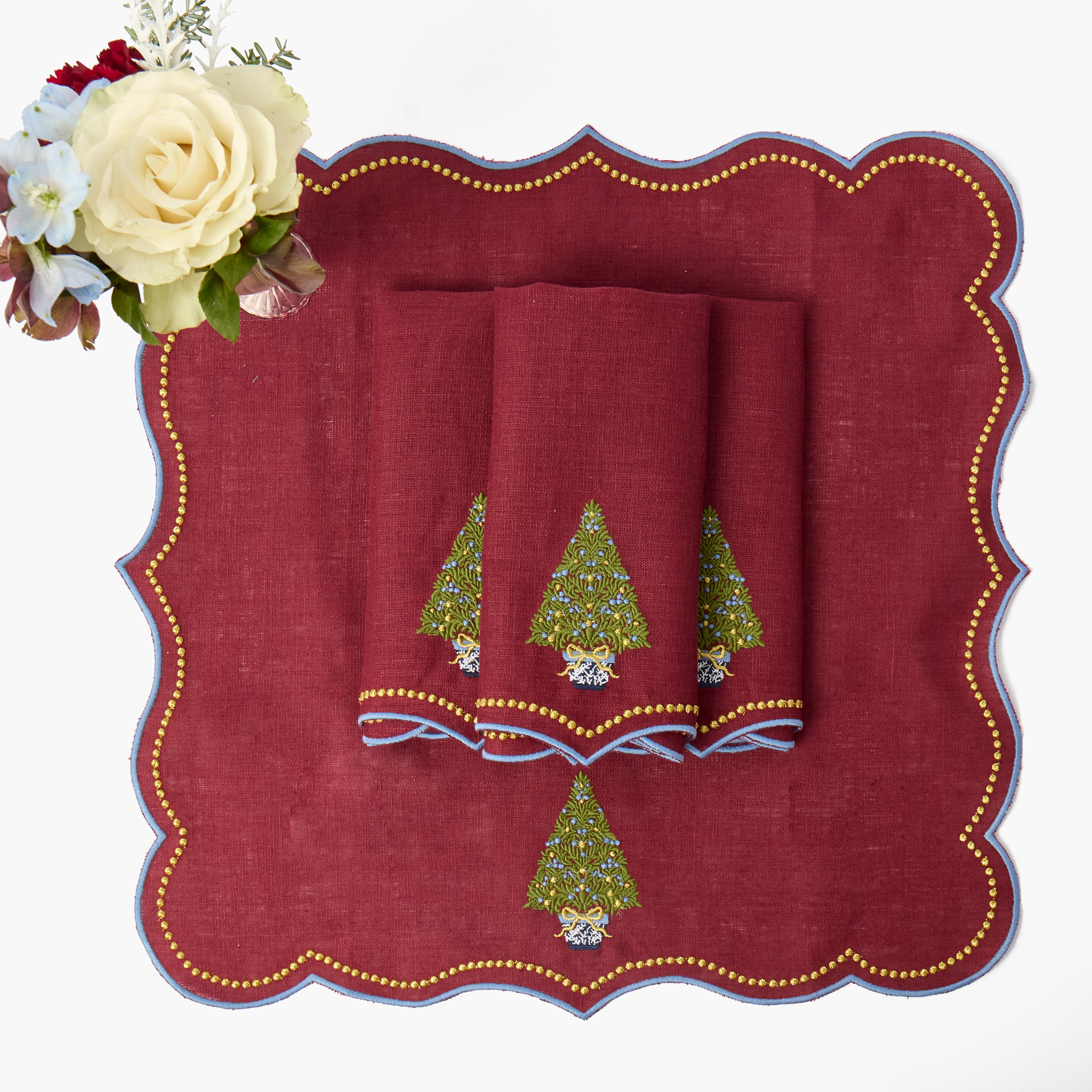 Merlot Eloise Christmas Tree Embroidered Linen Napkins (Set of 4)