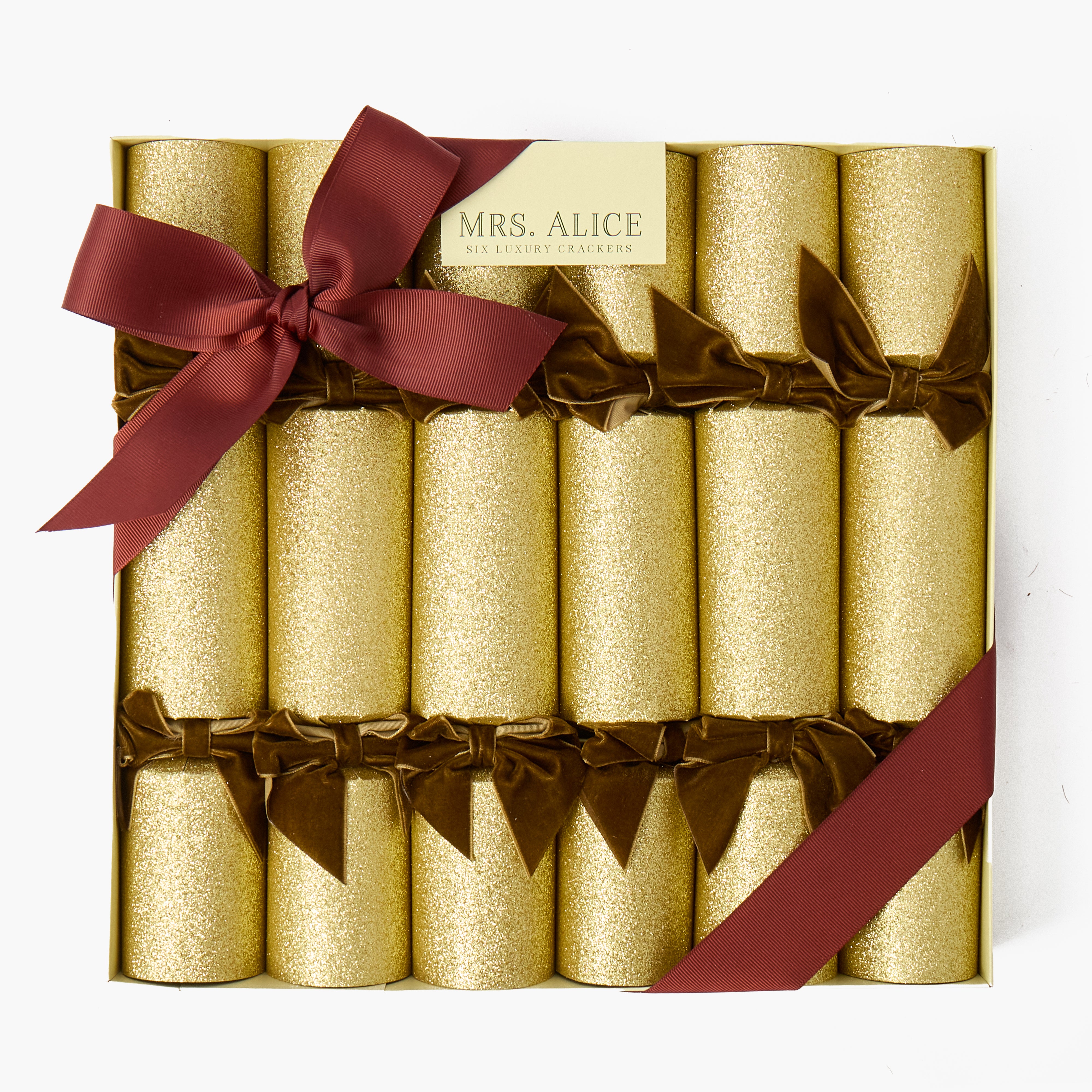 Gold Glitter Crackers With Brown Velvet Bows (Set of 6)