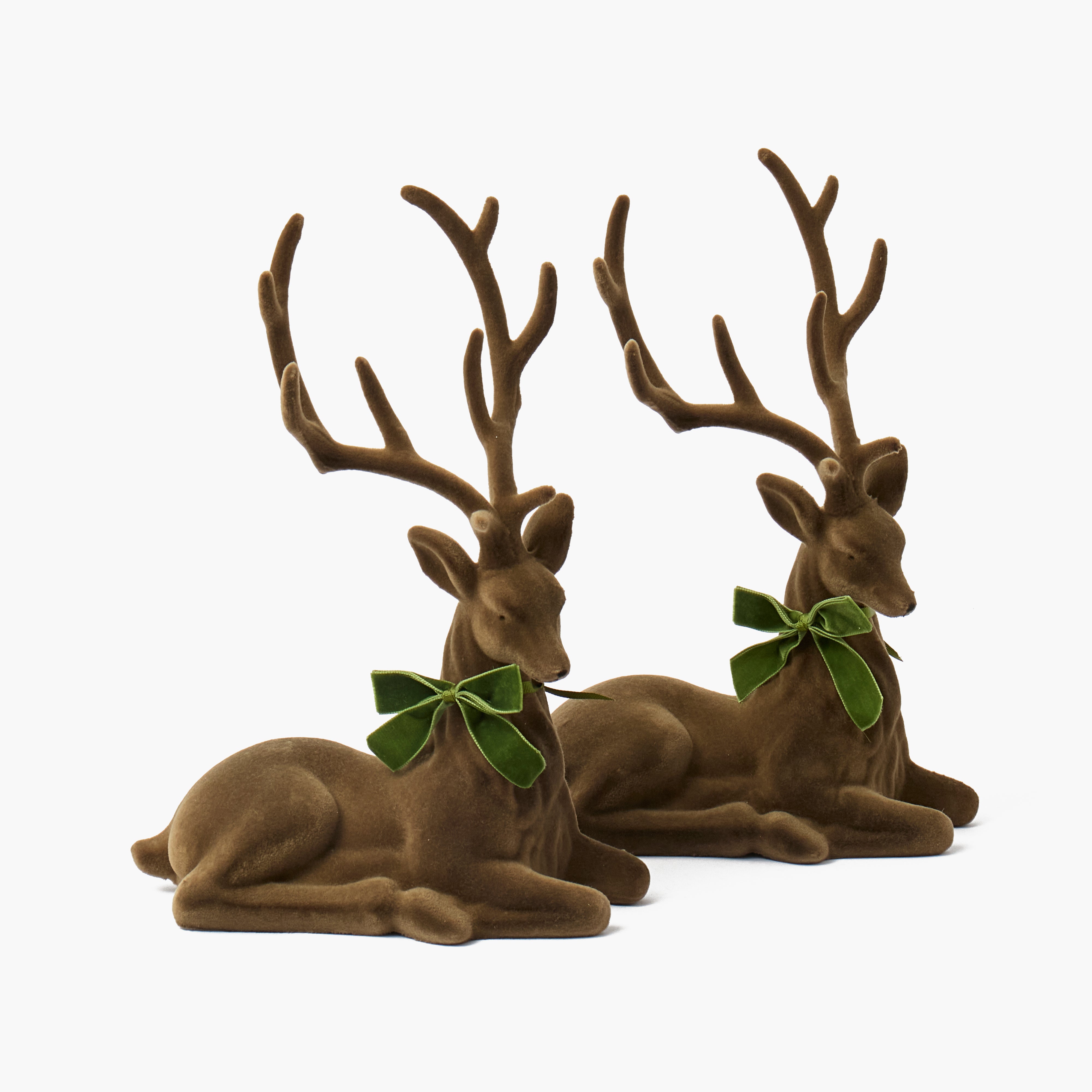 Green Ribboned Chocolate Flocked Sitting Reindeer (Pair)