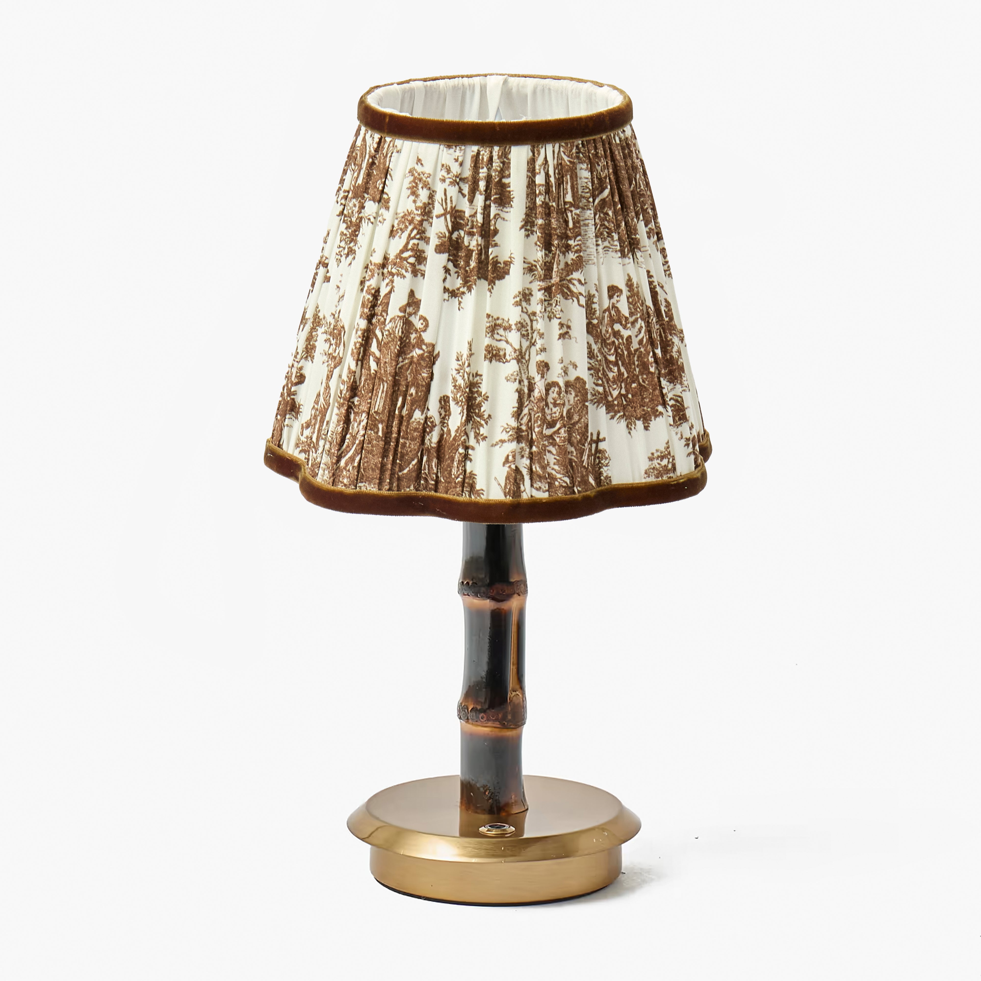 Burnt Bamboo Short Rechargeable Lamp with Chocolate Toile Shade (18cm)