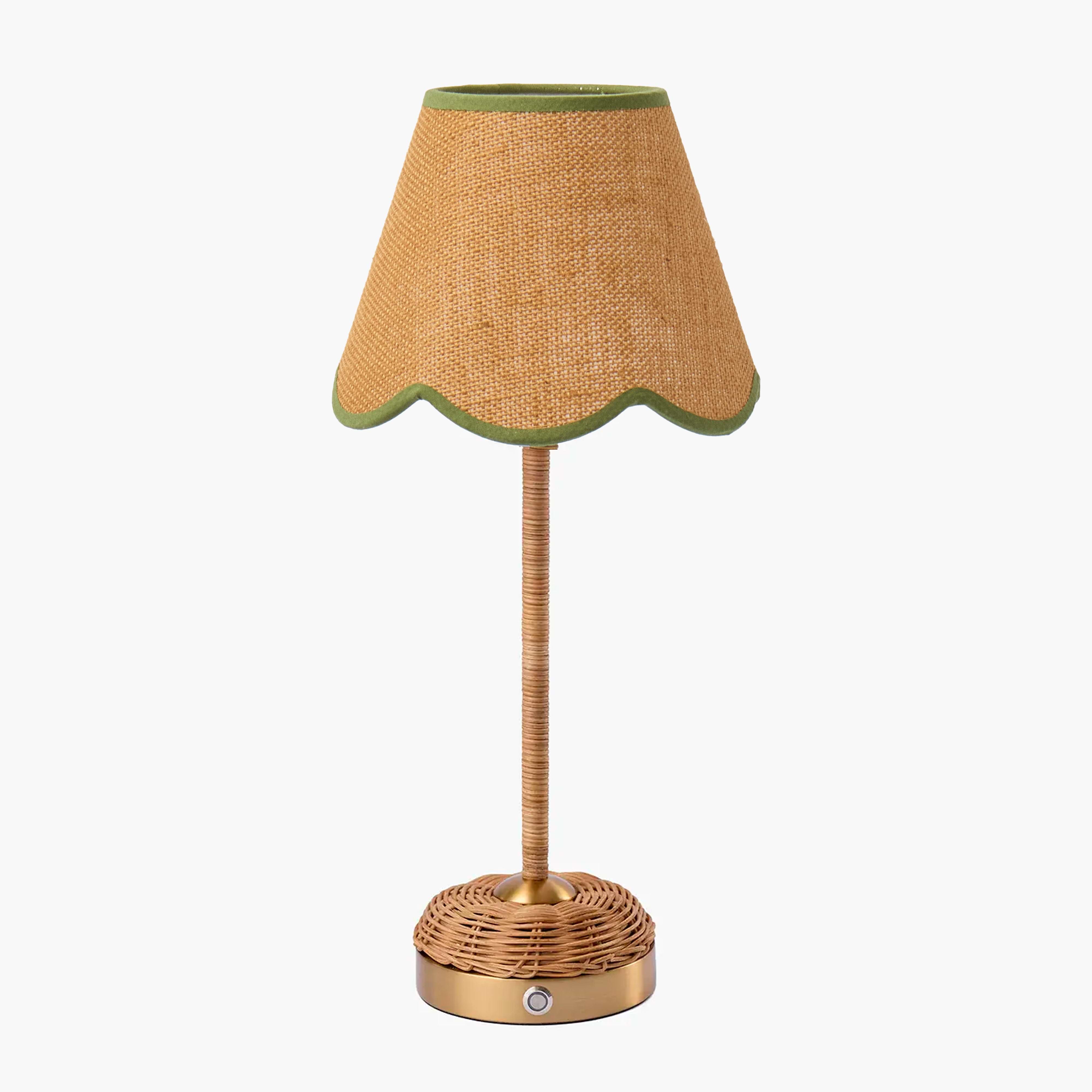 Rattan Ida Rechargeable Lamp with Tan Grasscloth & Olive Trim Shade (18cm)