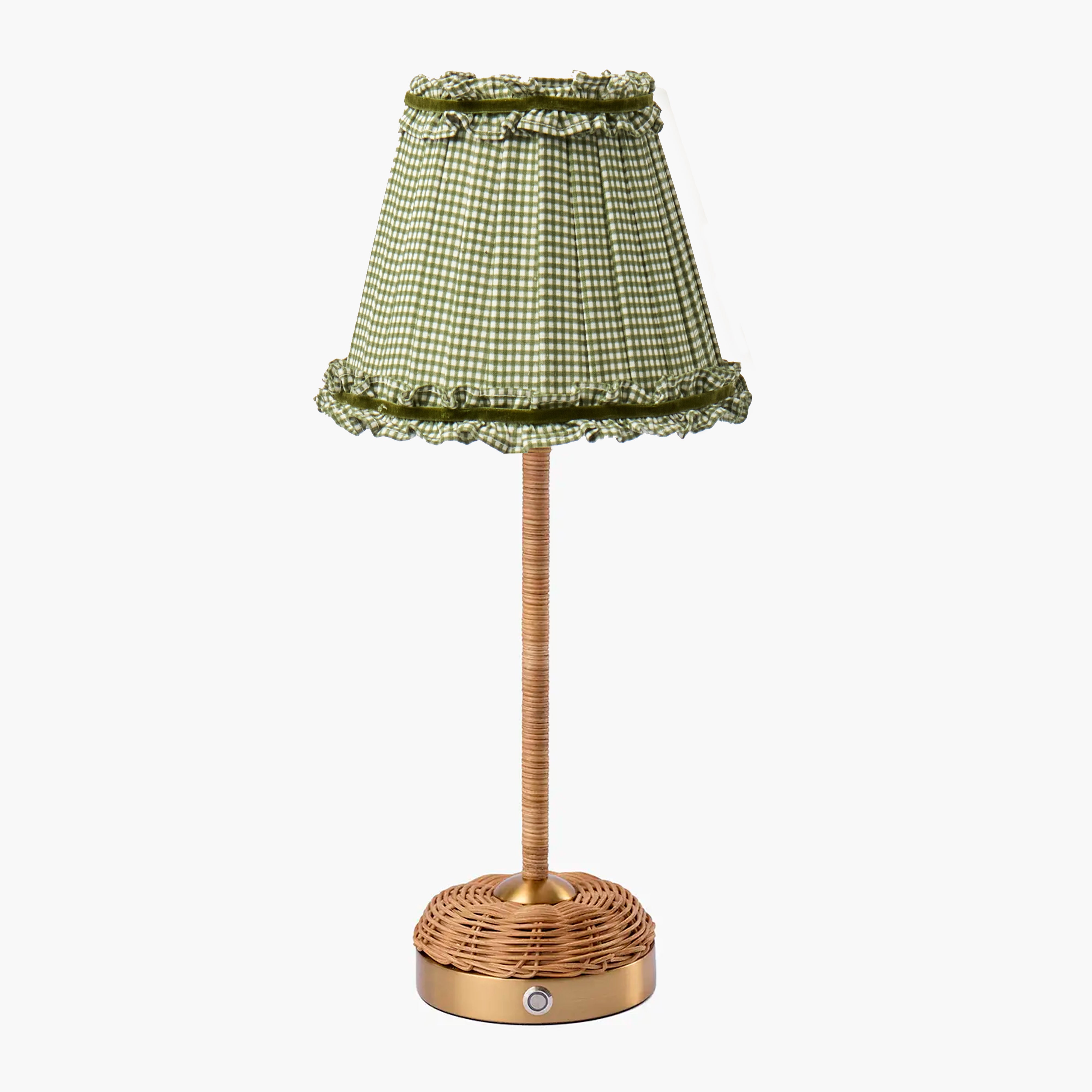 Rattan Ida Rechargeable Lamp with Green Gingham Shade (18cm)