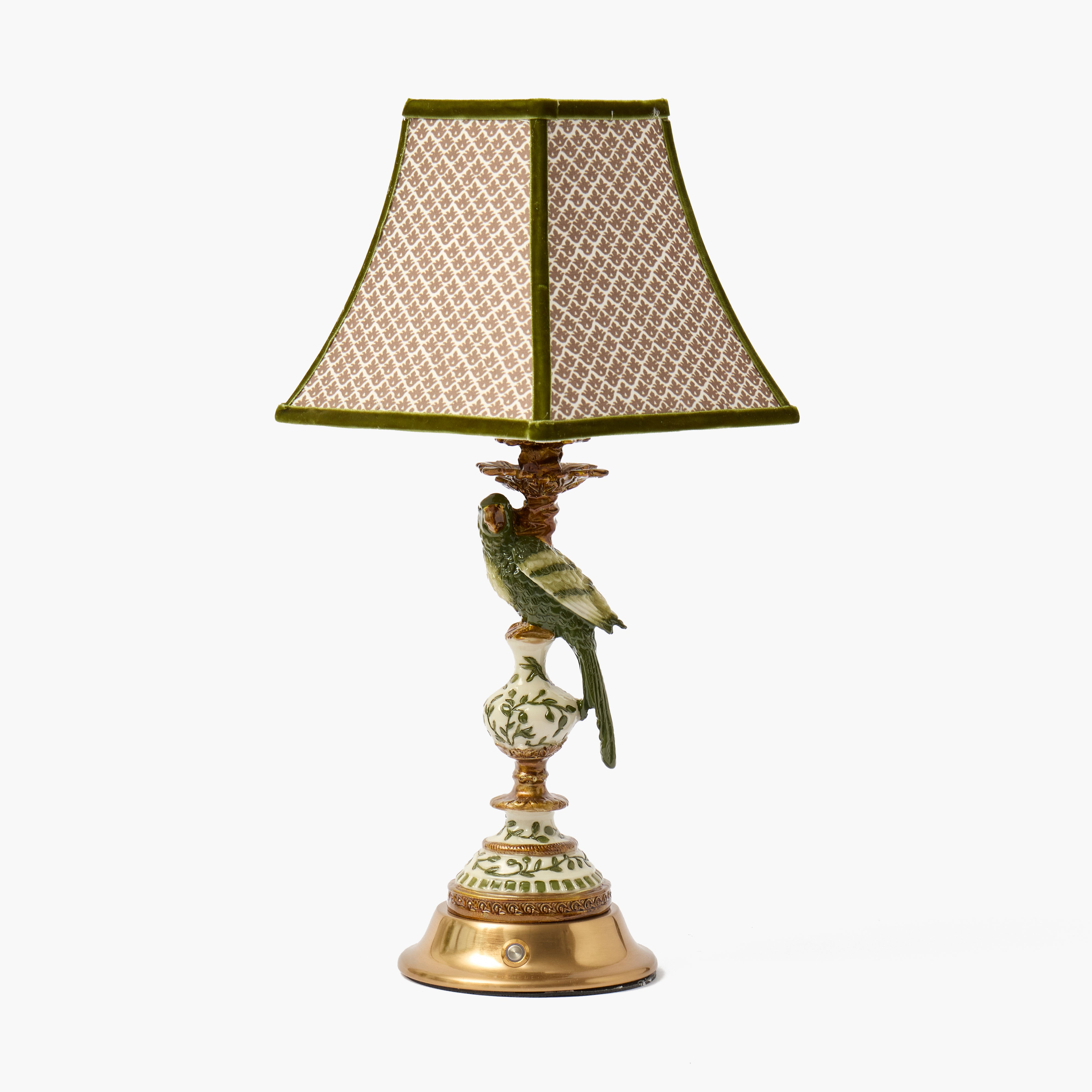Olive Parrot Rechargeable Lamp with Chocolate & Olive Lotus Square Shade (18cm)
