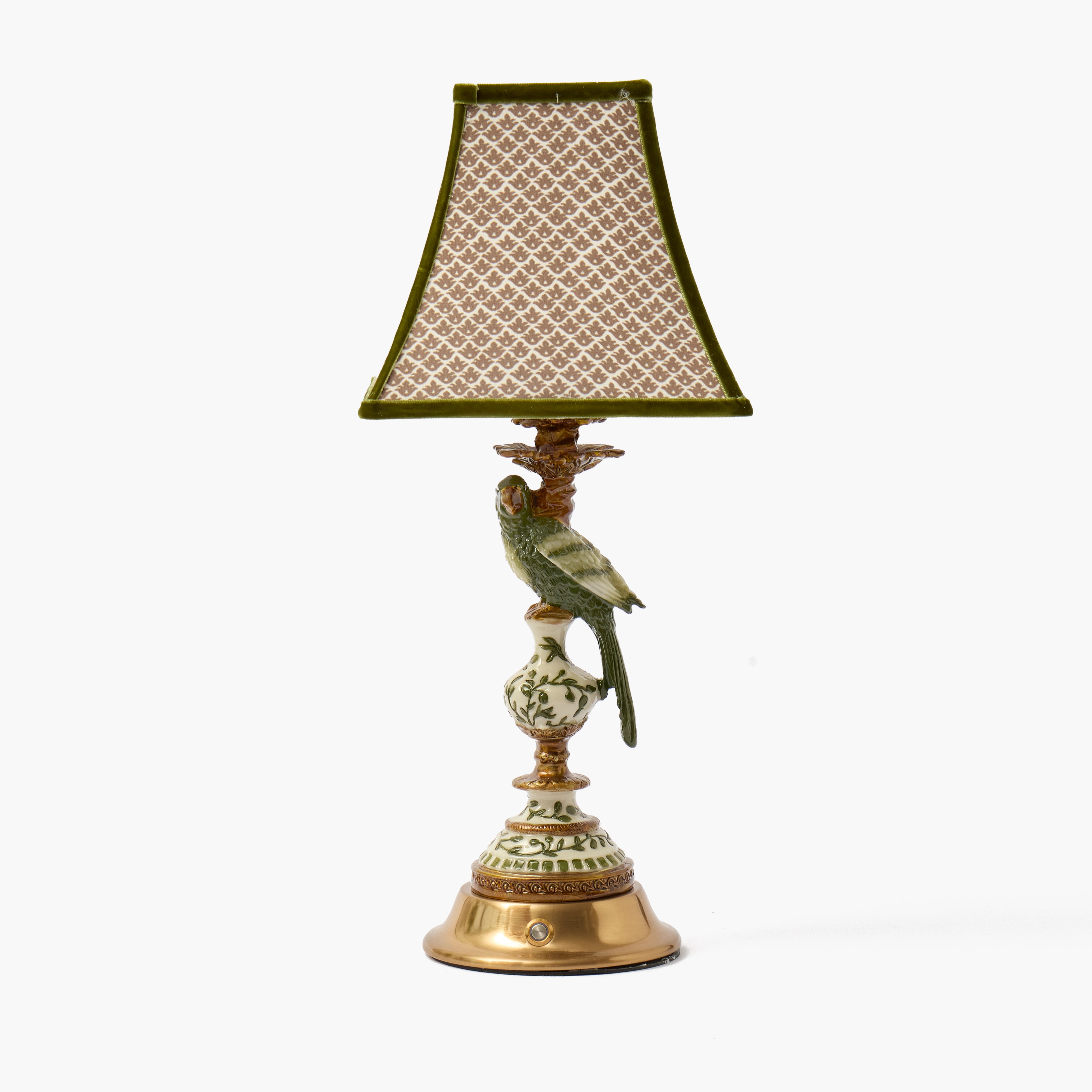 Olive Parrot Rechargeable Lamp with Chocolate & Olive Lotus Square Shade (18cm)