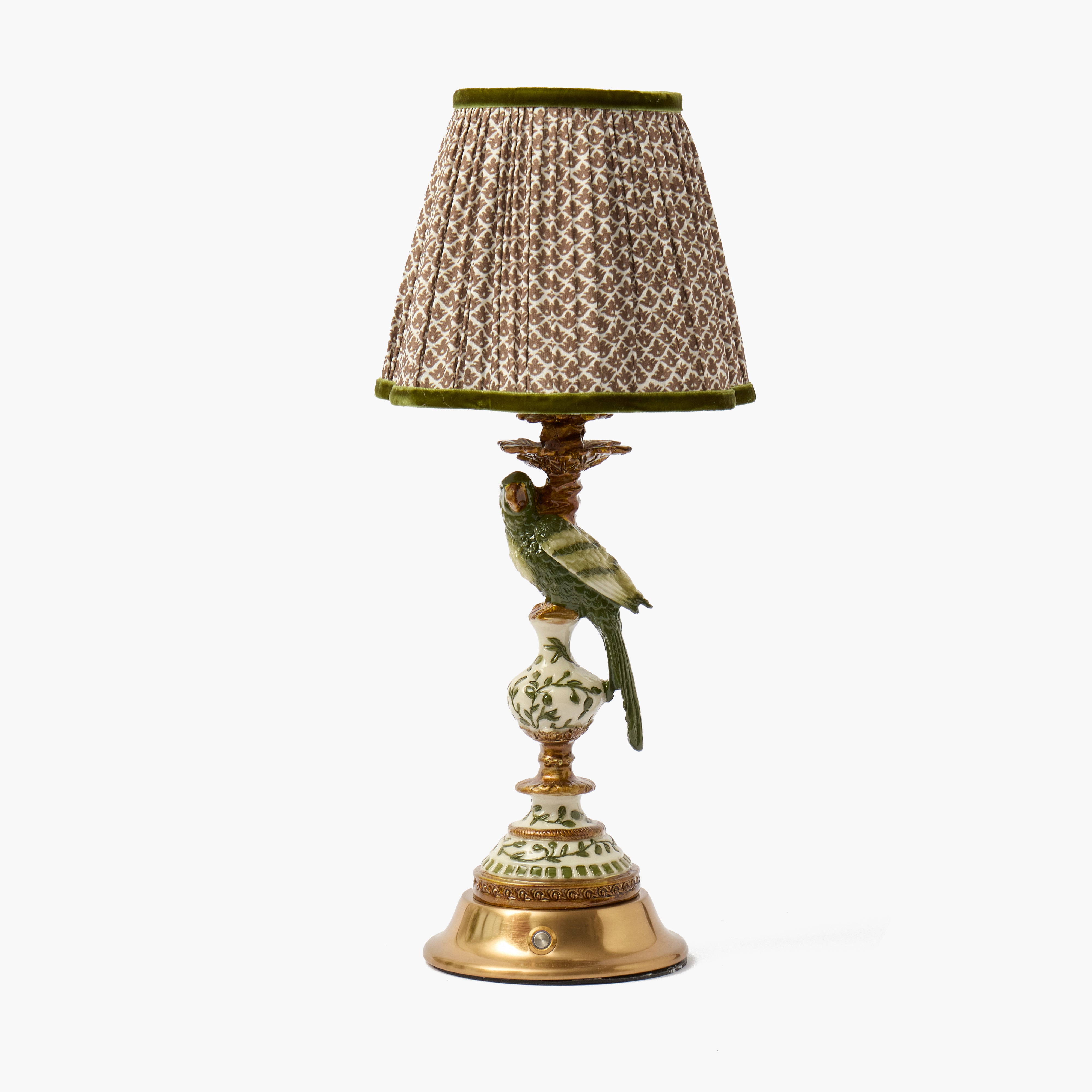 Olive Parrot Rechargeable Lamp with Chocolate & Olive Lotus Shade (18cm)