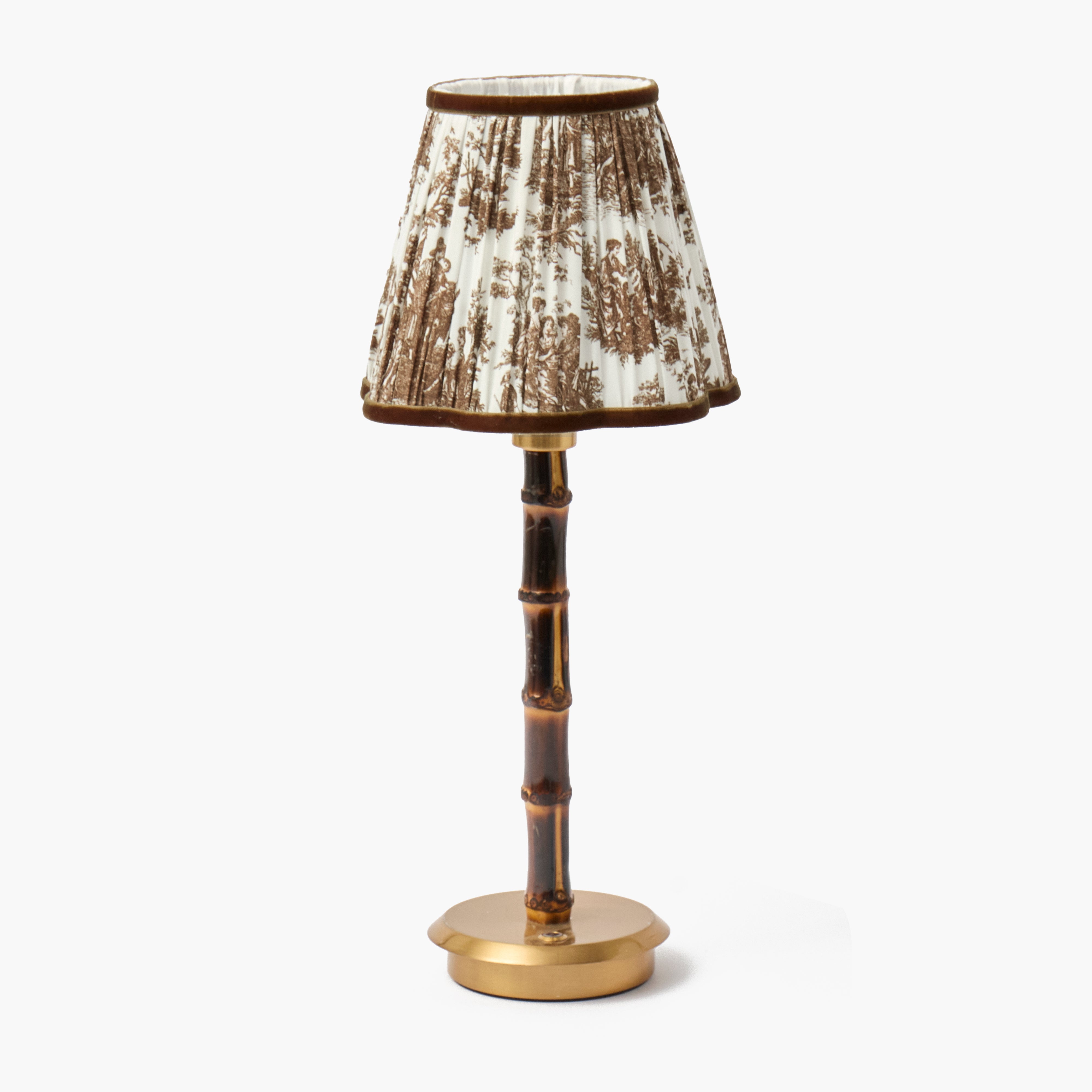 Burnt Bamboo Rechargeable Lamp with Chocolate Toile Shade (18cm)