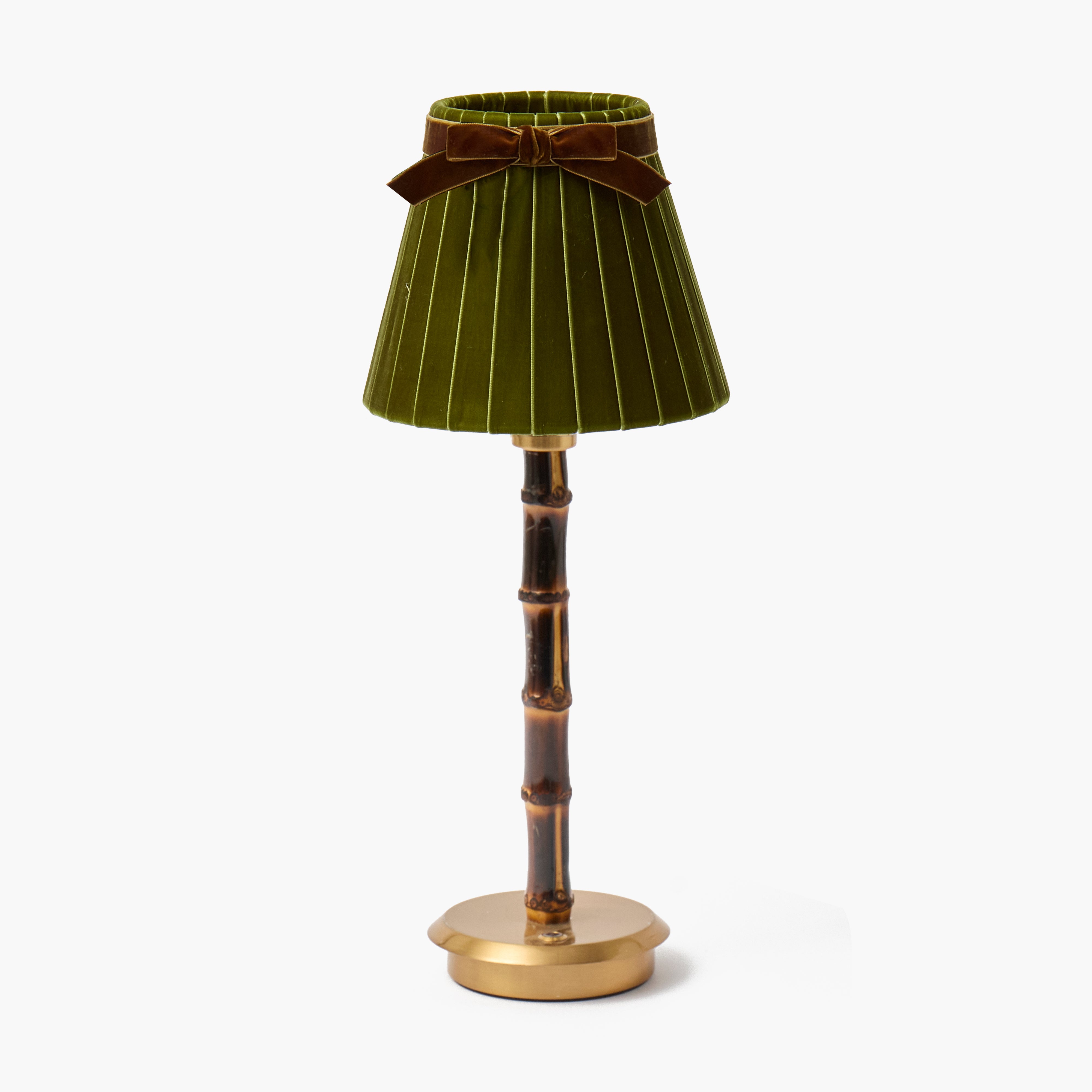 Burnt Bamboo Rechargeable Lamp with Olive & Chocolate Velvet Bow Shade (18cm)