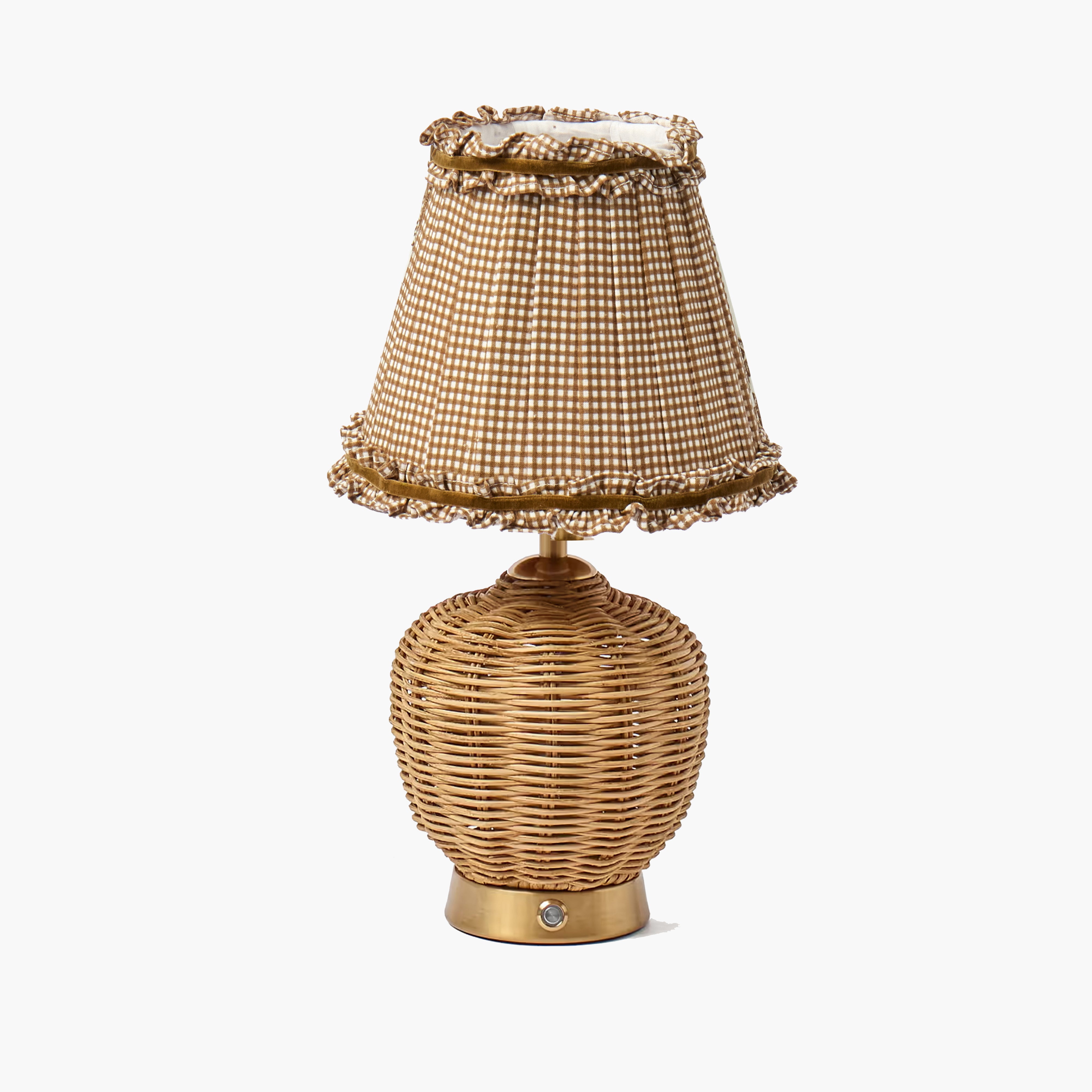 Rattan Ursula Rechargeable Lamp with Chocolate Gingham Shade (18cm)