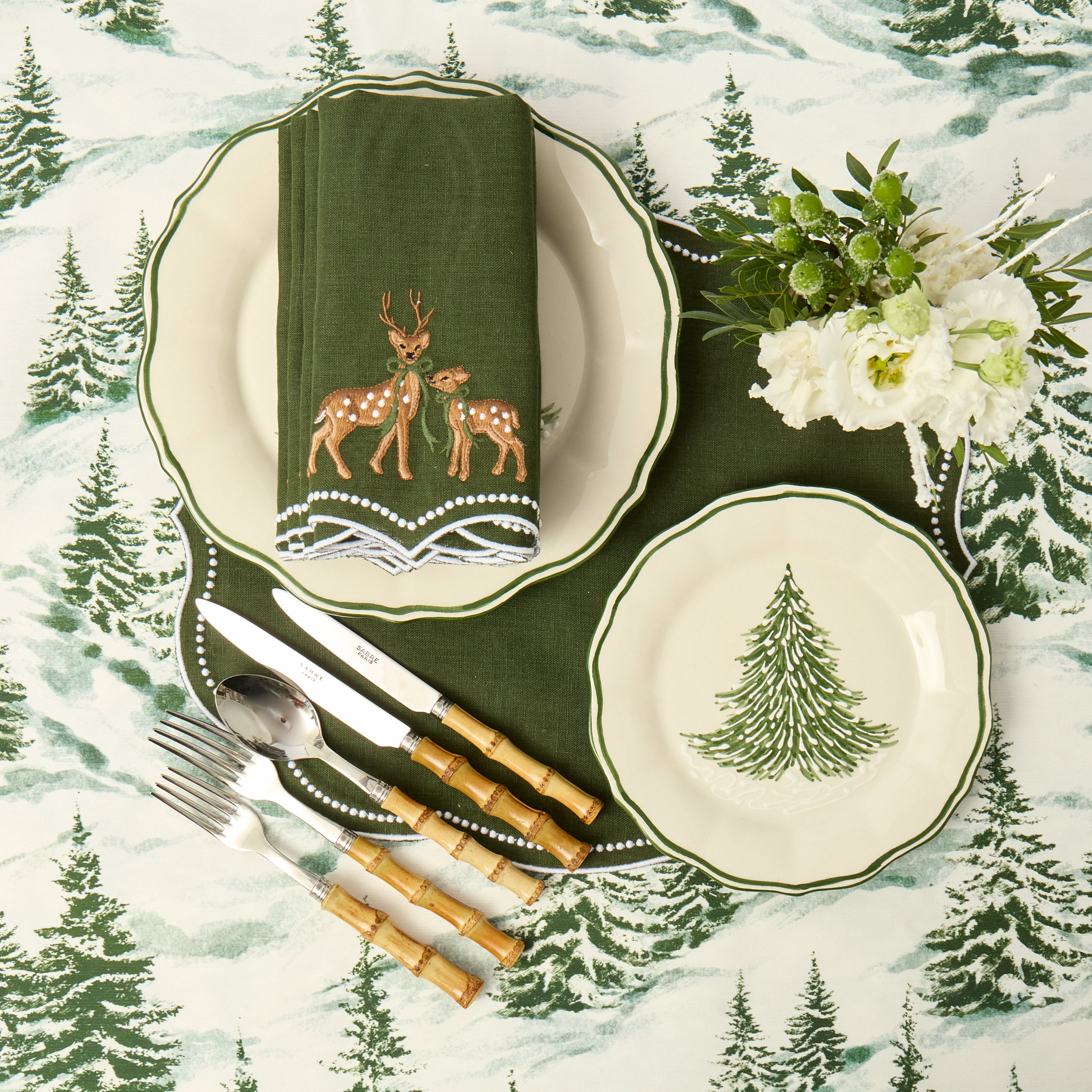 Green Eloise Deer Embroidered Linen Napkins (Set of 4)