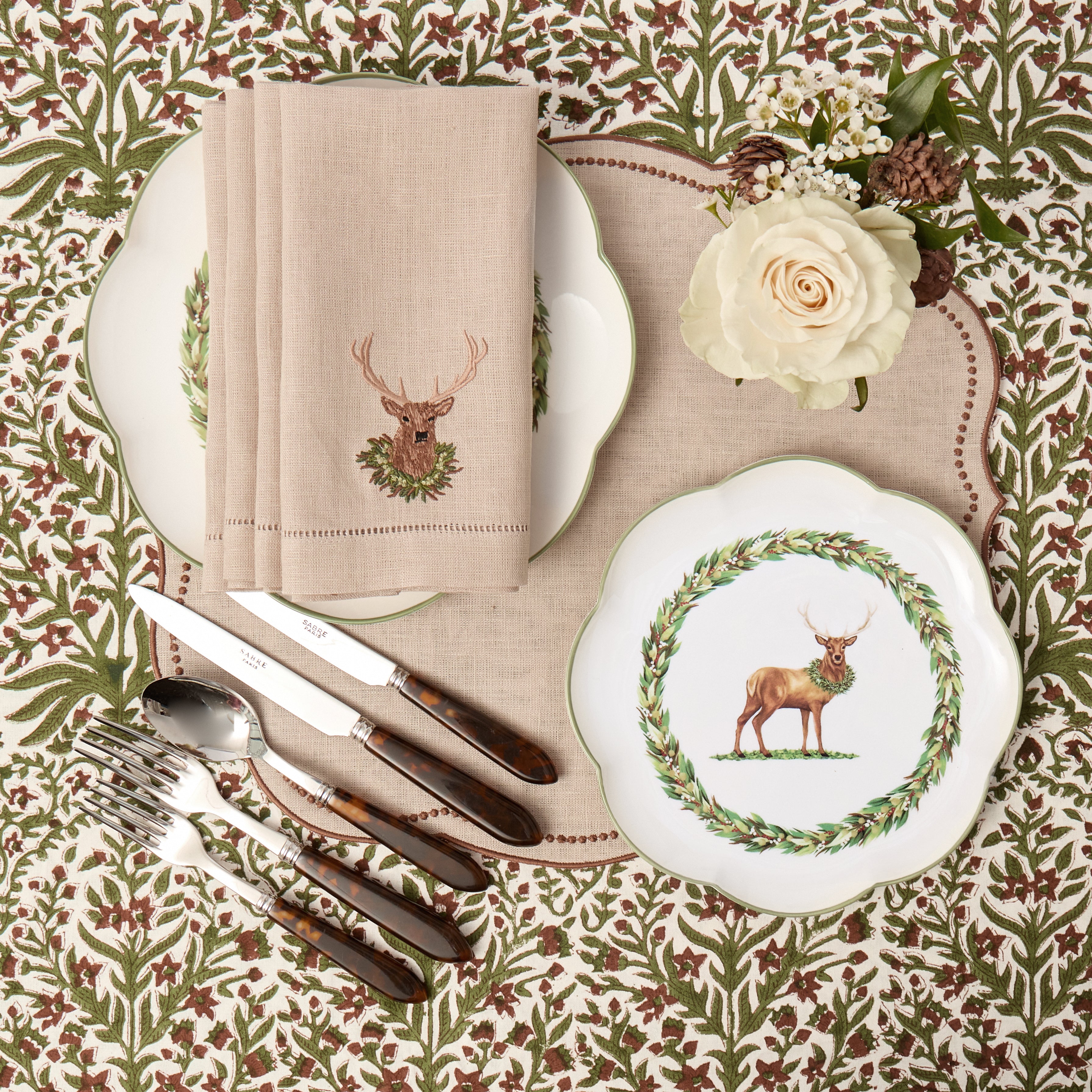 Taupe Stag Embroidered Linen Napkins (Set of 4)