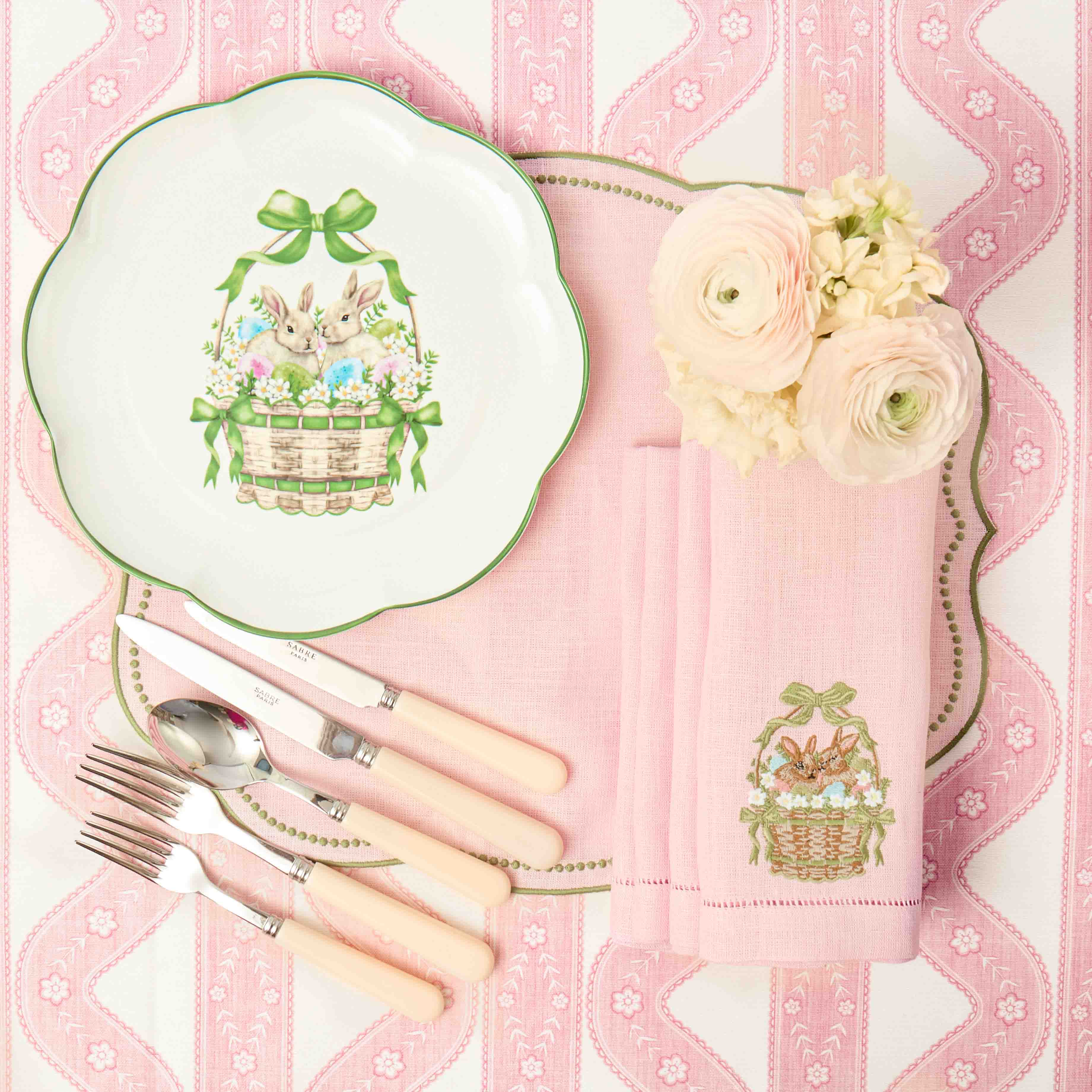 Bunnies in Basket Embroidered Linen Napkins (Set of 4)
